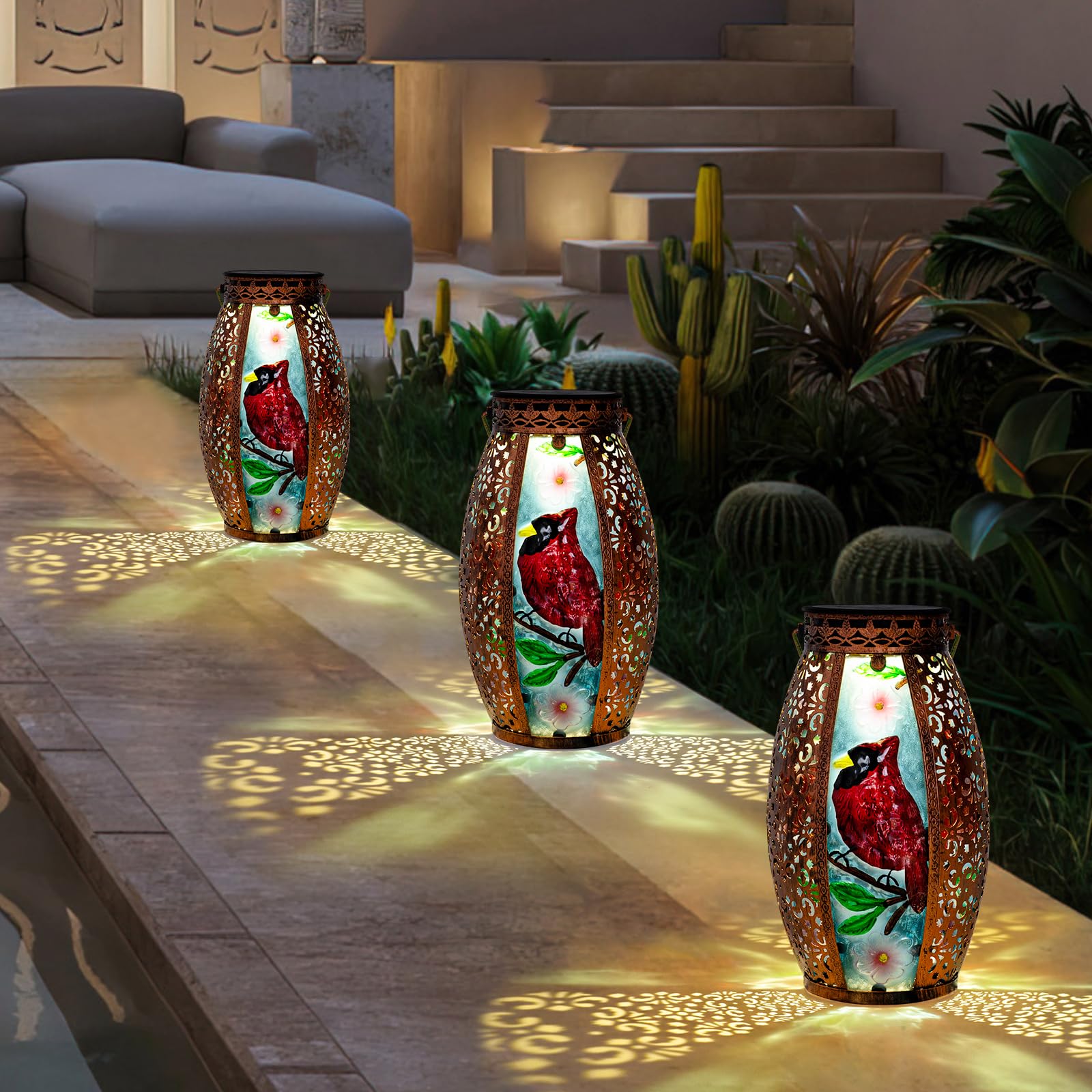 Gifts For Women Mom Grandma,Outdoor Solar Lantern-Waterproof Cardinal Hanging Metal Decorative Lights For Patio Table Garden Pat