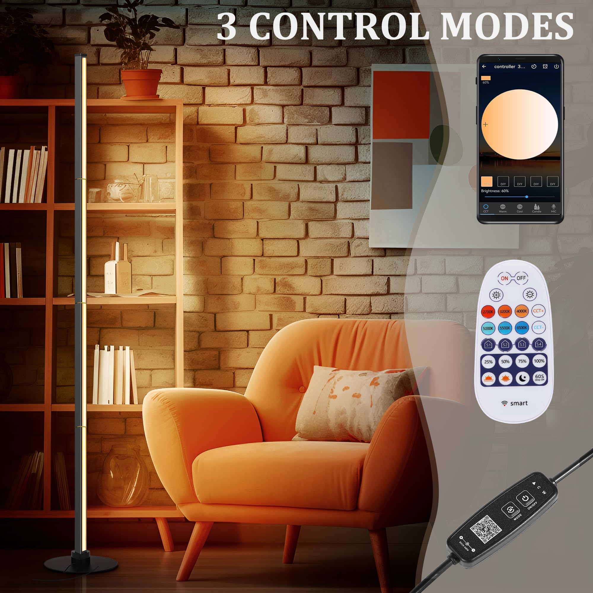 PMS 63 Modern Metal Floor Lamp, Warm to White Color Changing Standing Lamp, Stepless Dimmable Brightness Corner Lamp with APP &