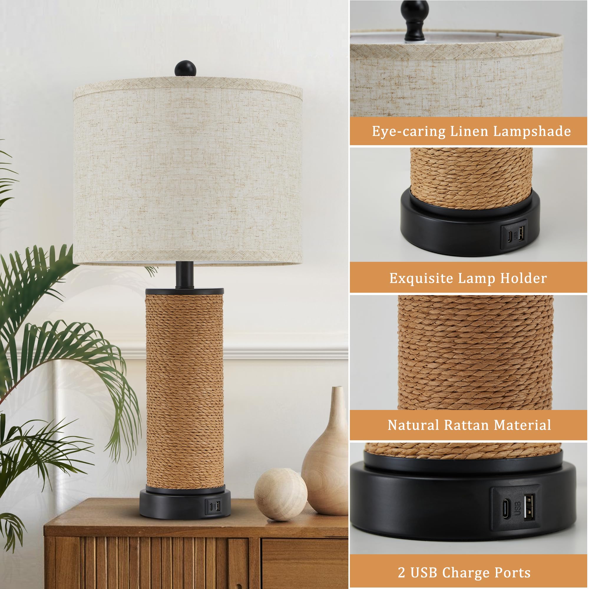 Set Of 2 Rattan Table Lamps For Living Room With Usb C+A Ports, 3 Color Temperature Nightstand Bedside Lamp Rocker Switch Coasta