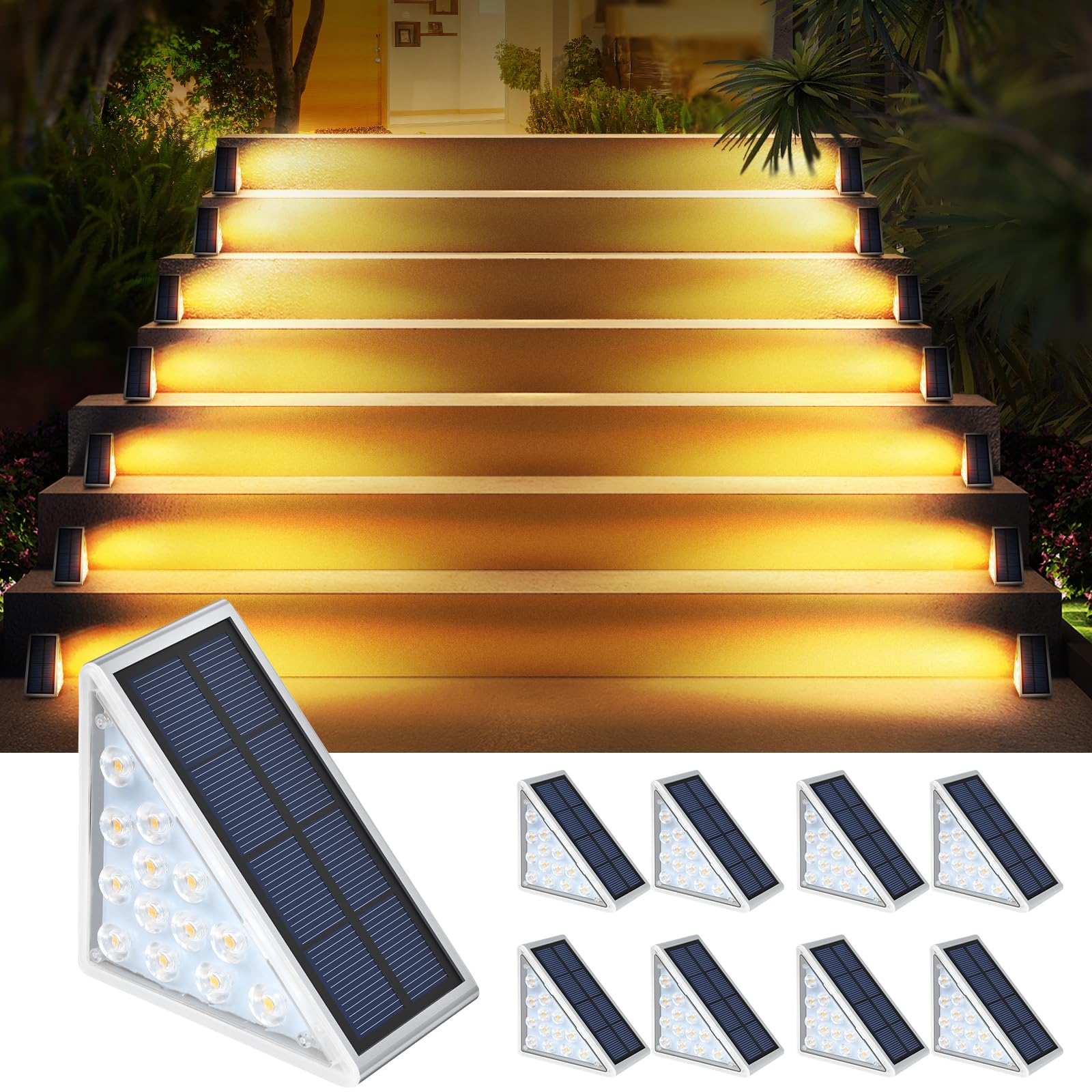 Audles Solar Step Lights 8 Pack, Waterproof Ip67, Warm White Polycrystalline, Outdoor Decor For Deck, Yard, Garden, Pathway, Porch