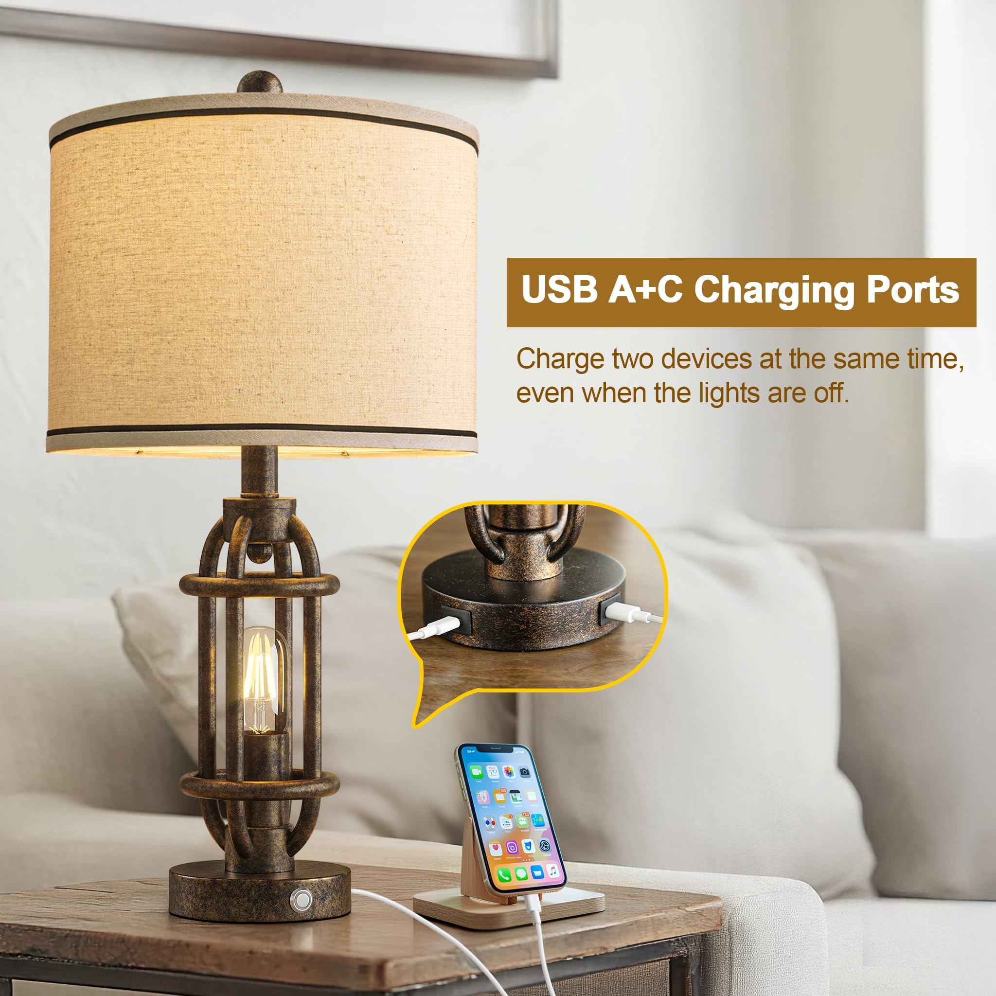 G-Safava 23.75'' Table Lamps Set Of 2 For Living Room Bedroom Industrial Farmhouse Metal Touch Lamps With Usb A+C Ports, Night L