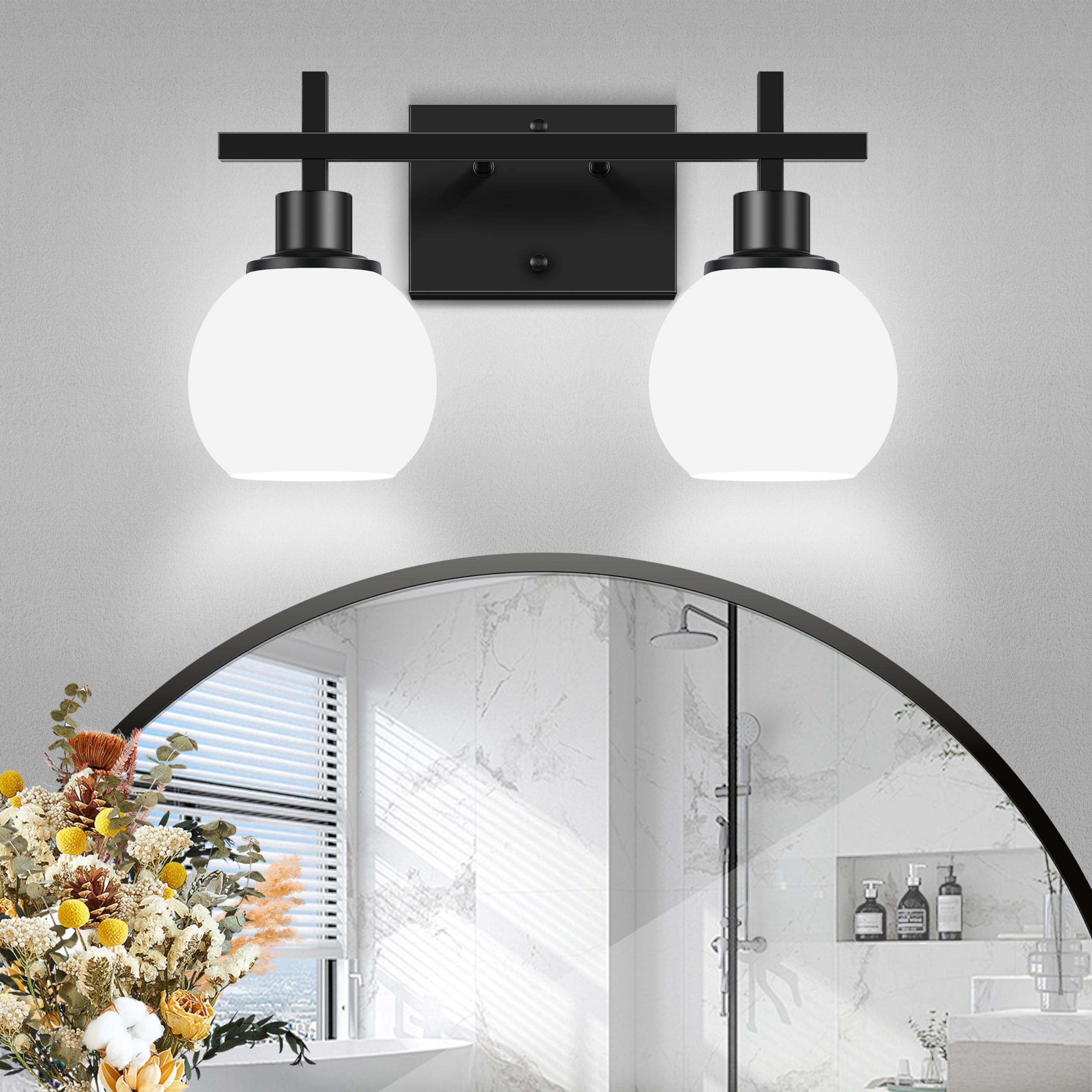 Dpyrrhic 2-Light Black Bathroom Lighting Fixture, Metal Vanity Light with Milky White Glass, Model JD-15