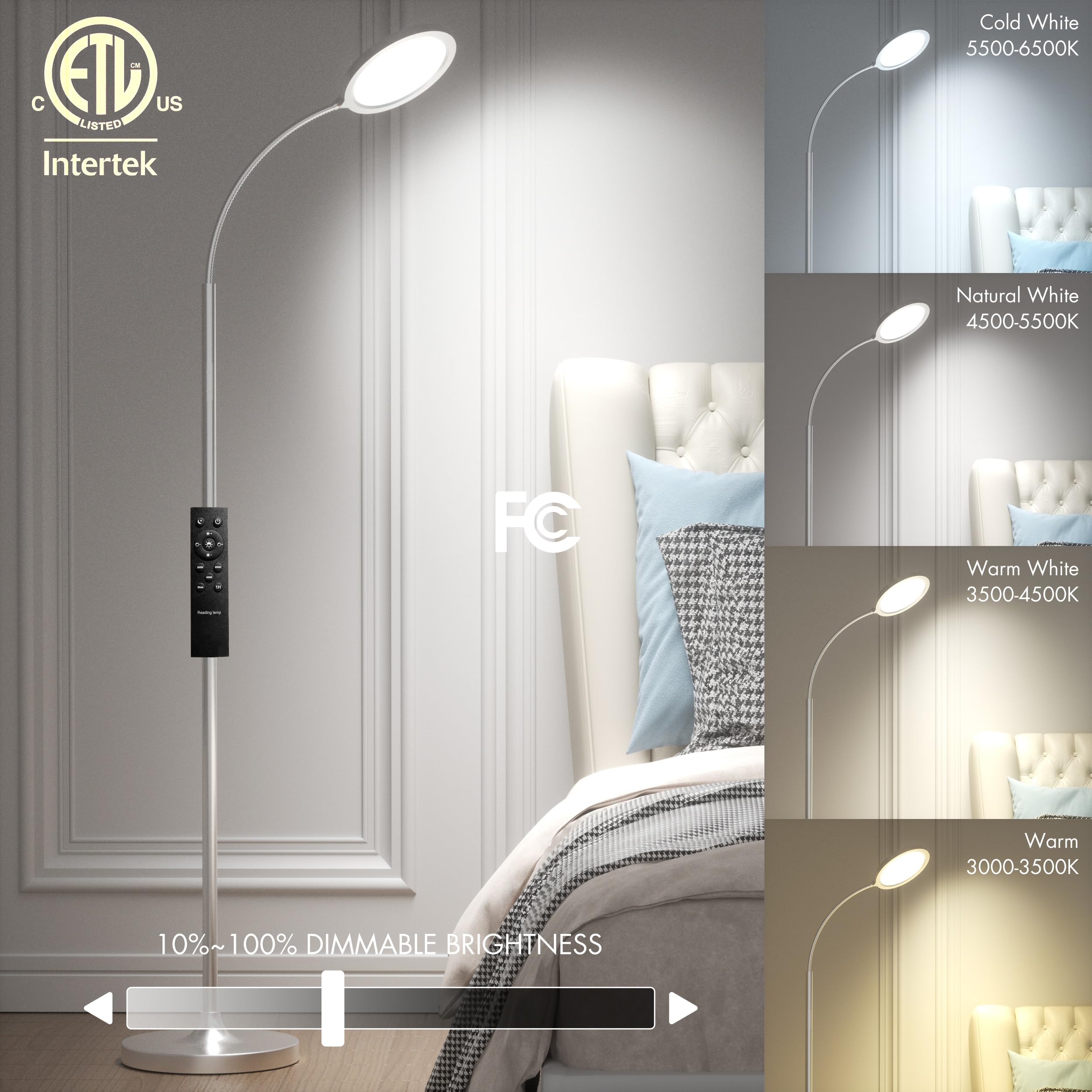 Luckystyle Silver Floor Lamp - Dimmable LED, Adjustable Gooseneck, Remote Control, Model LY-UK-06