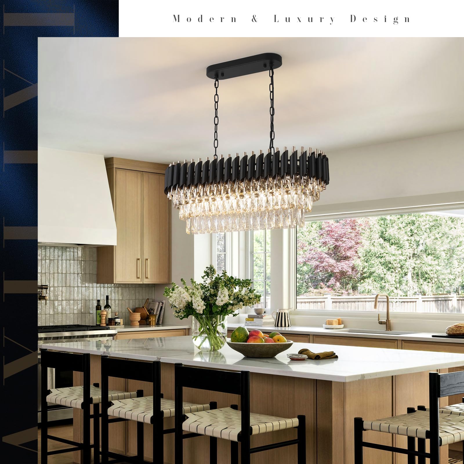 A AXILIXI Modern Rectangular Chandelier, 32" Black & Gold Crystal, 8 Lights, Model 8801, Luxury Pendant Light for Dining Room & Kitchen Island