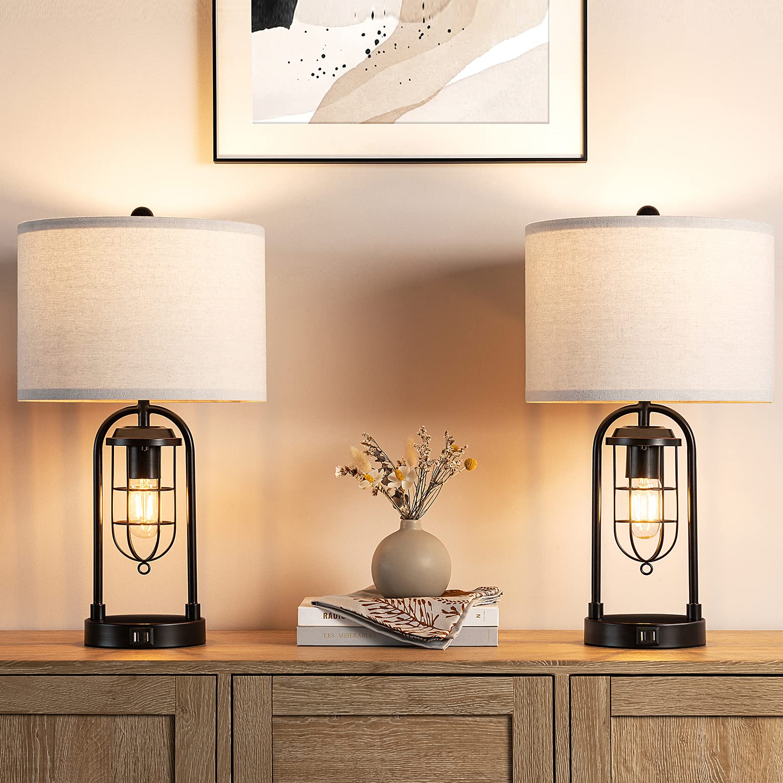 Kyrid 21'' Industrial Modern Table Lamps Set of 2 with Night Light & USB Port, Black Metal, Model 21080, Bulbs Included