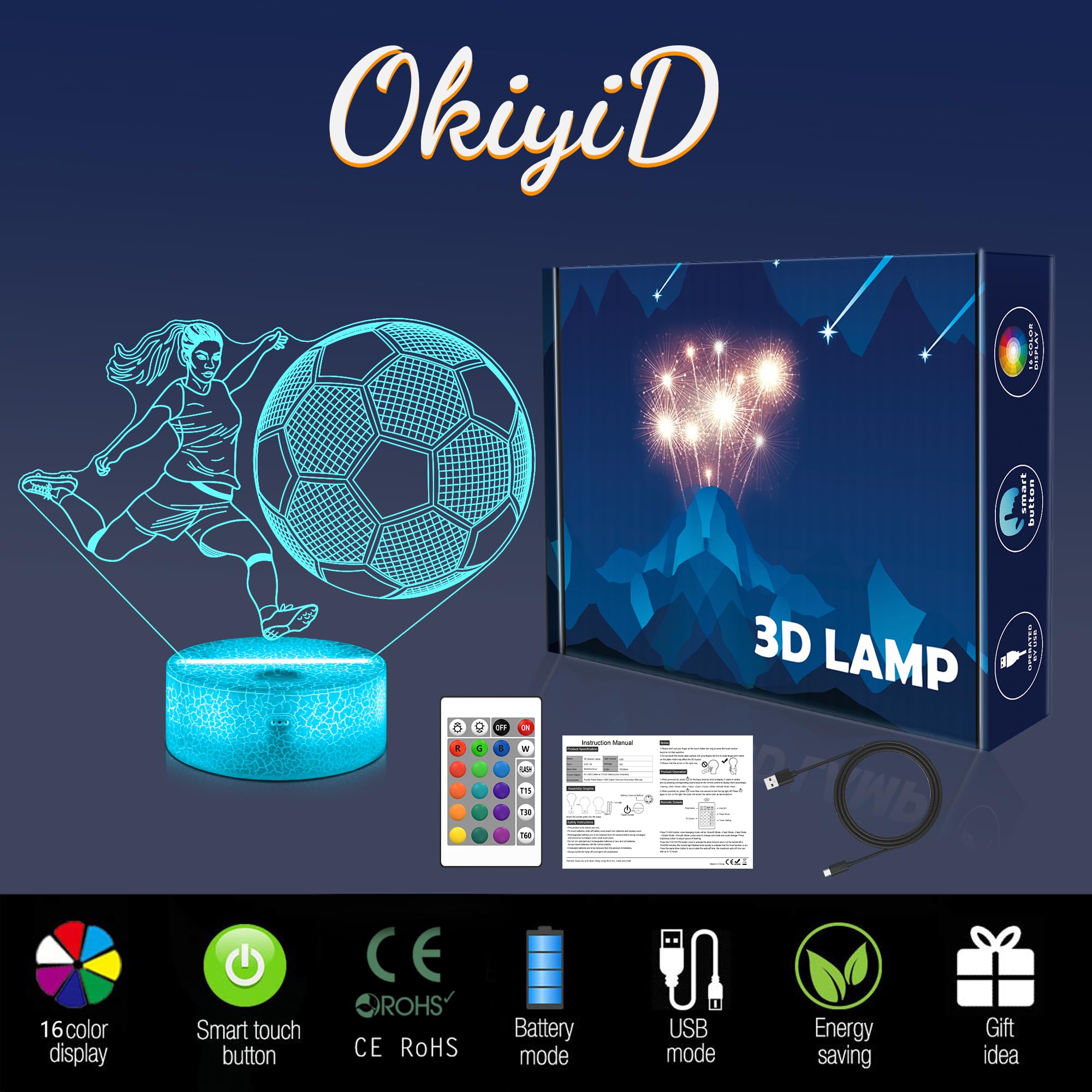 Soccer Gifts For Girls Bedroom Decor Light Up Soccer 3D Illusion Lamp Night Light With 16 Colors Remote Football Accessories Birthday Xmas Gifts For Best Friends Sister Daughter Sports Fan Lover
