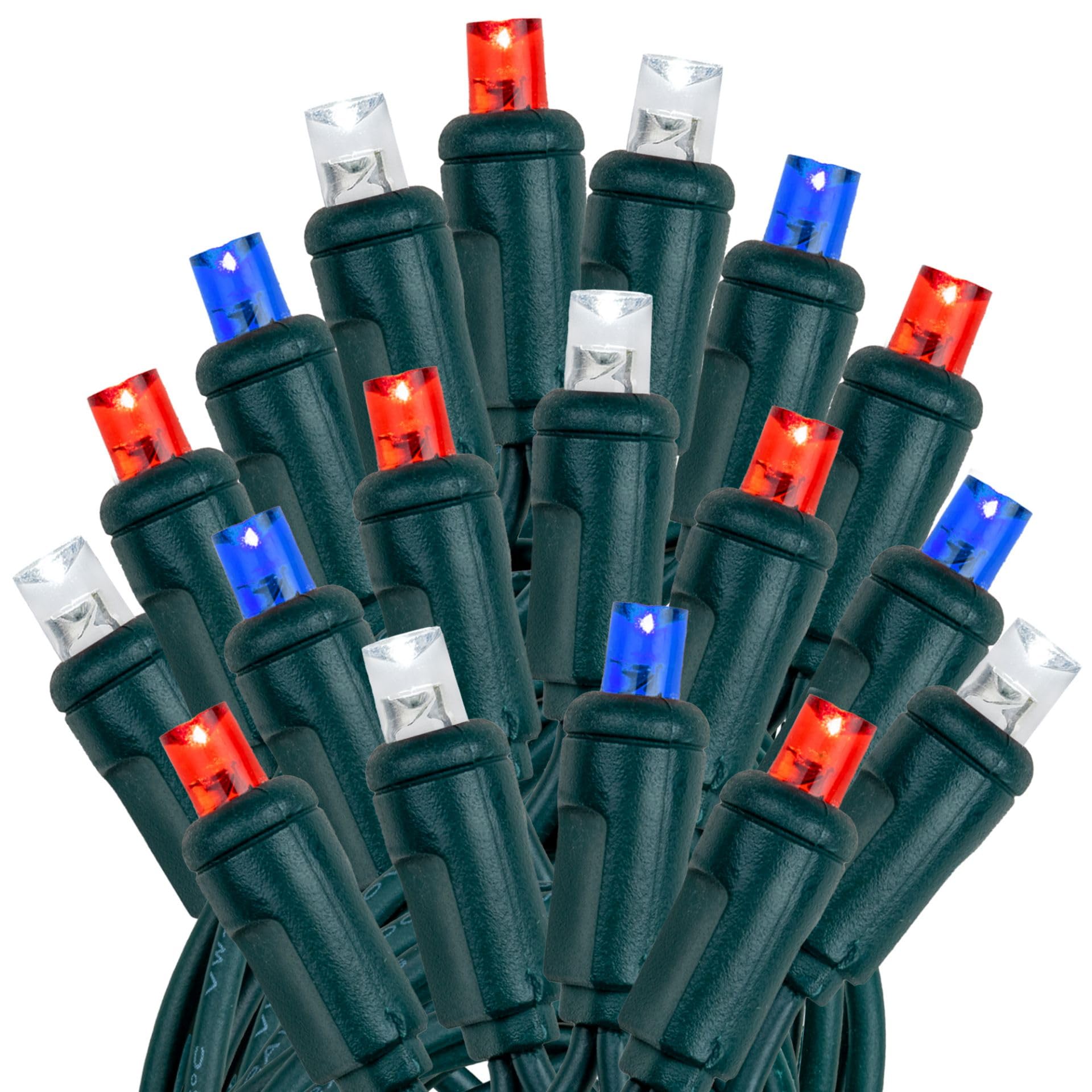 Novelty Lights 50 LED 25ft Red White Blue Lights, USA Patriotic 4th of July String Lights, Wide Angle Mini Lights on Green Wire,