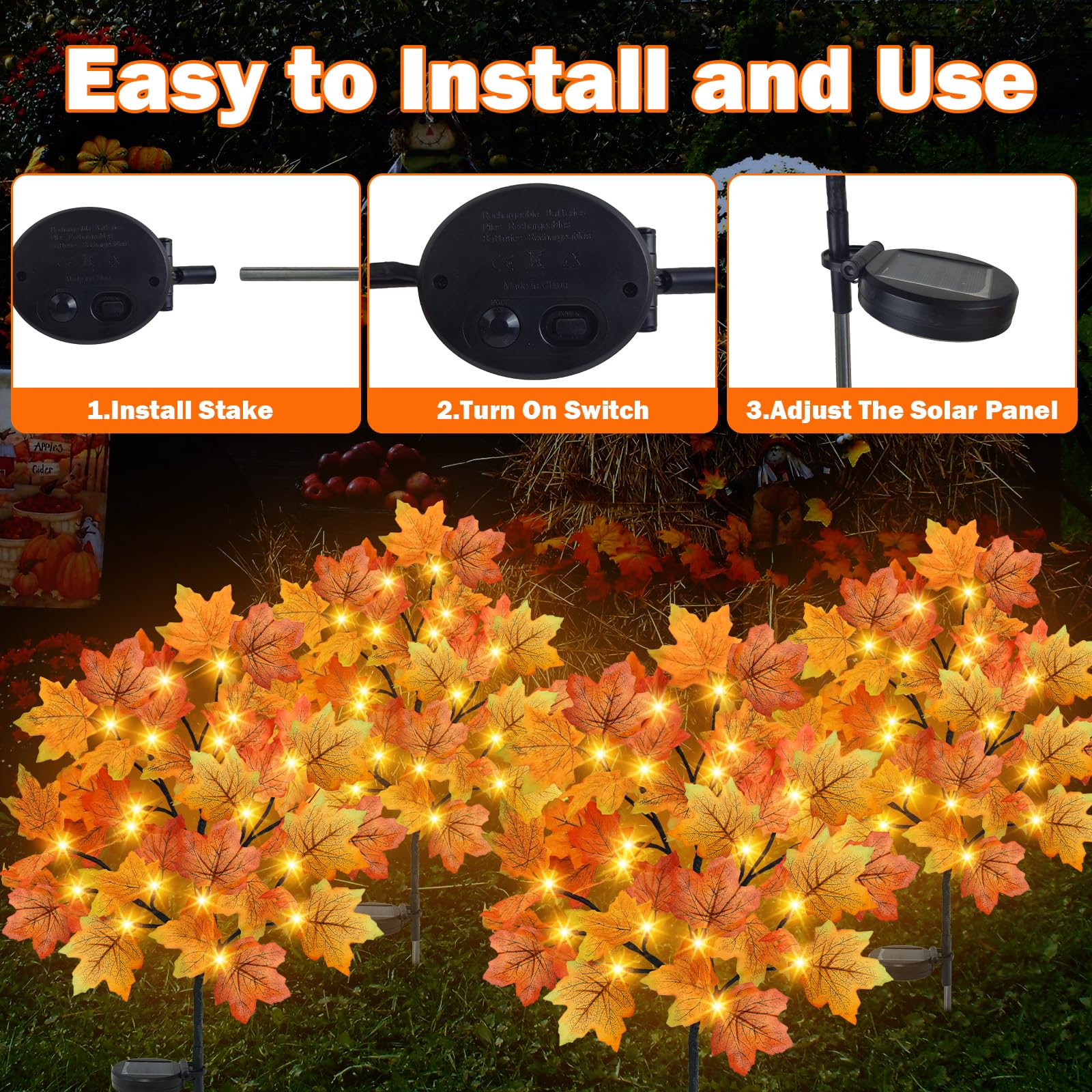 Torontokyo 2 Pack Fall Solar Outdoor Lights, Fall Decor 40 Led Maple Leaves Solar Stake Light With 8 Modes, Waterproof Fall Garden Lights Thanksgiving Decorations For Autumn Yard Pathway Outside
