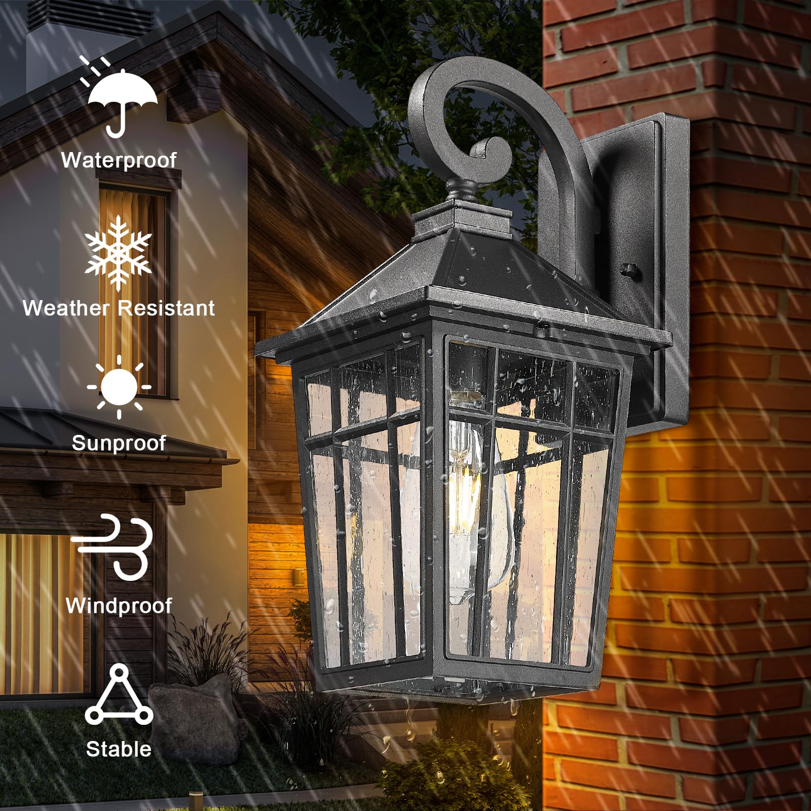 Darkaway Outdoor Wall Lights, Waterproof Black Sconce With Seeded Glass, 2-Pack For Porch & Garage