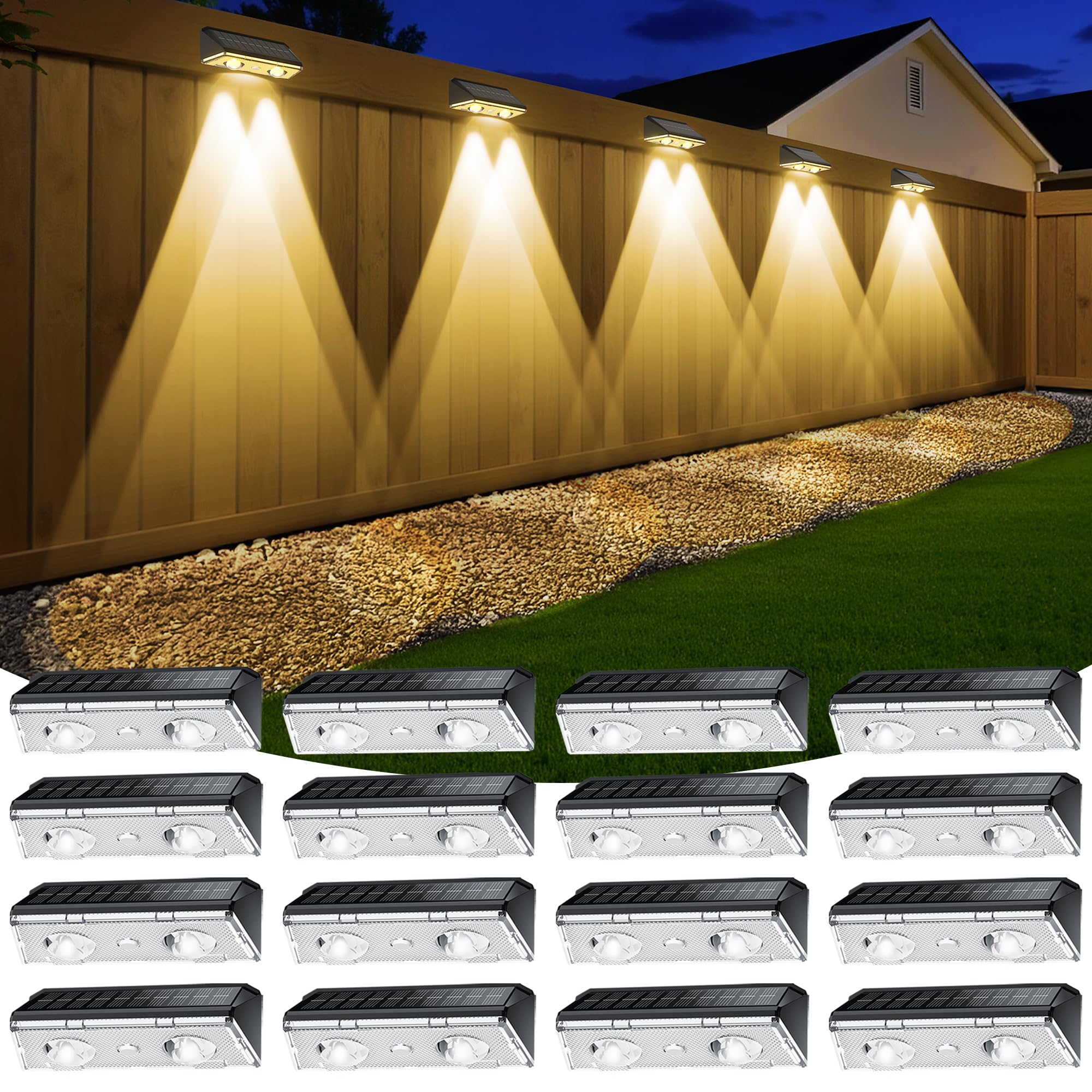 KEILAIMO Solar Fence Lights Outdoor  16 Pack IP65 Waterproof Fence Lights Solar Powered with Ultra-Bright LED Lens  9 Color Modes  12+ Hours Steady Glow for Deck/Backyard/Patio/Pool/Wall - Black