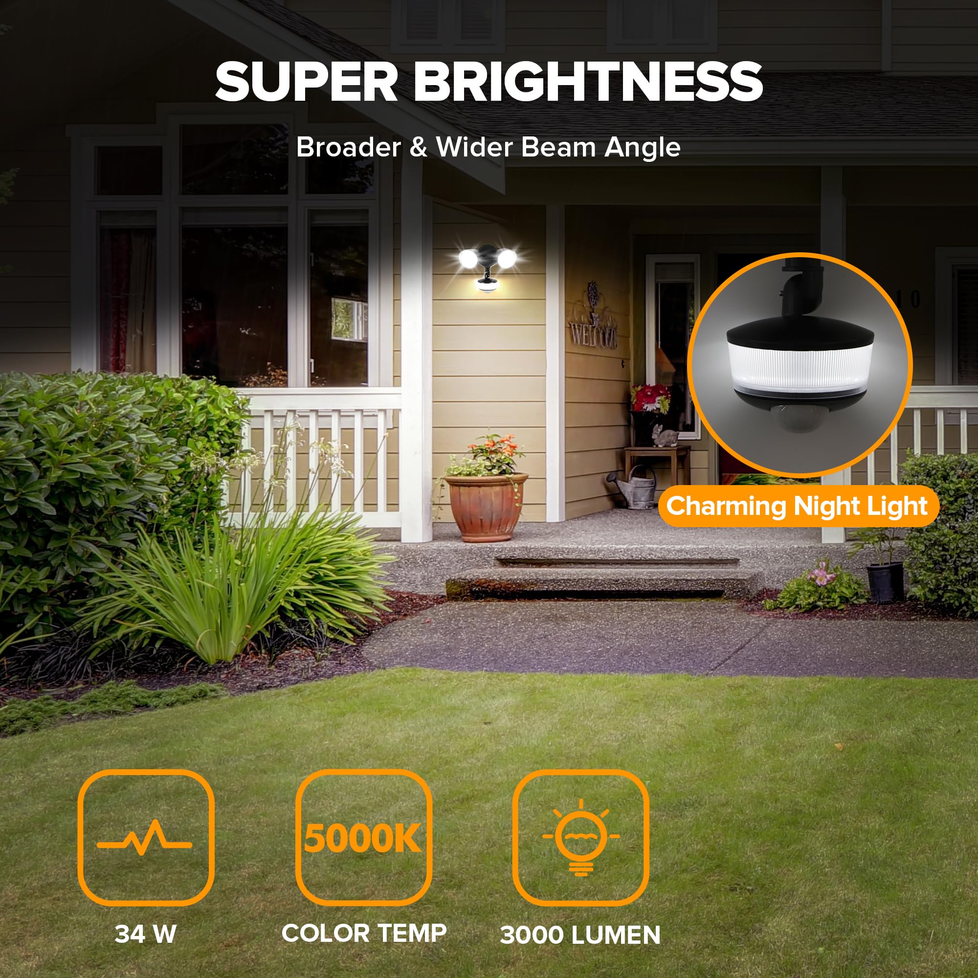 LUTEC Motion Sensor Outdoor Lights, 34W 3000 Lumen, IP65 Waterproof, 5000K Daylight, Black - Security Light for Garage & Yard