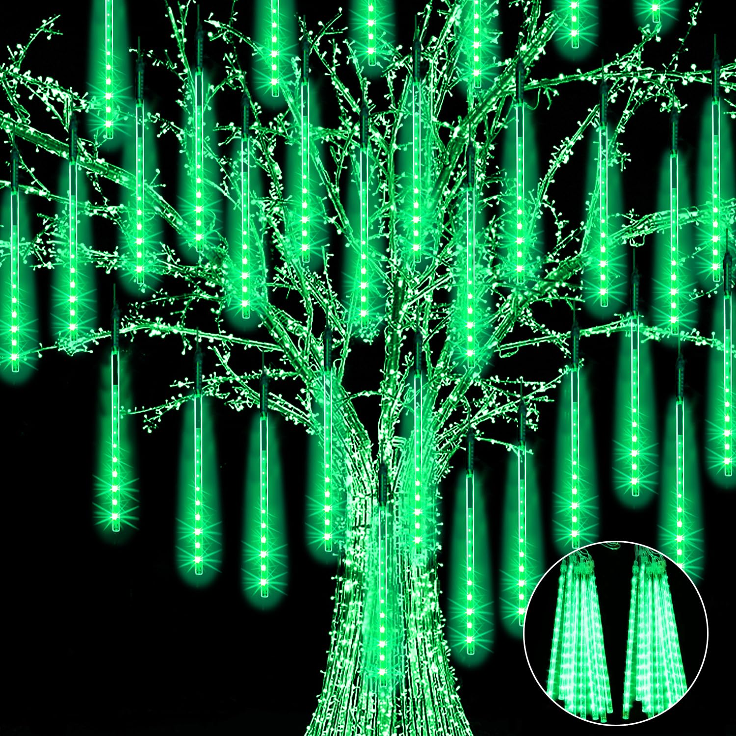 JJGoo ?2 Pack? Christmas Lights Meteor Shower Rain Lights 12inch, Totally 20 Tube 480 LEDs Icicle Lights Outdoor Raindrop Lights for Xmas Halloween Wedding Party Tree Holiday Decoration, Green