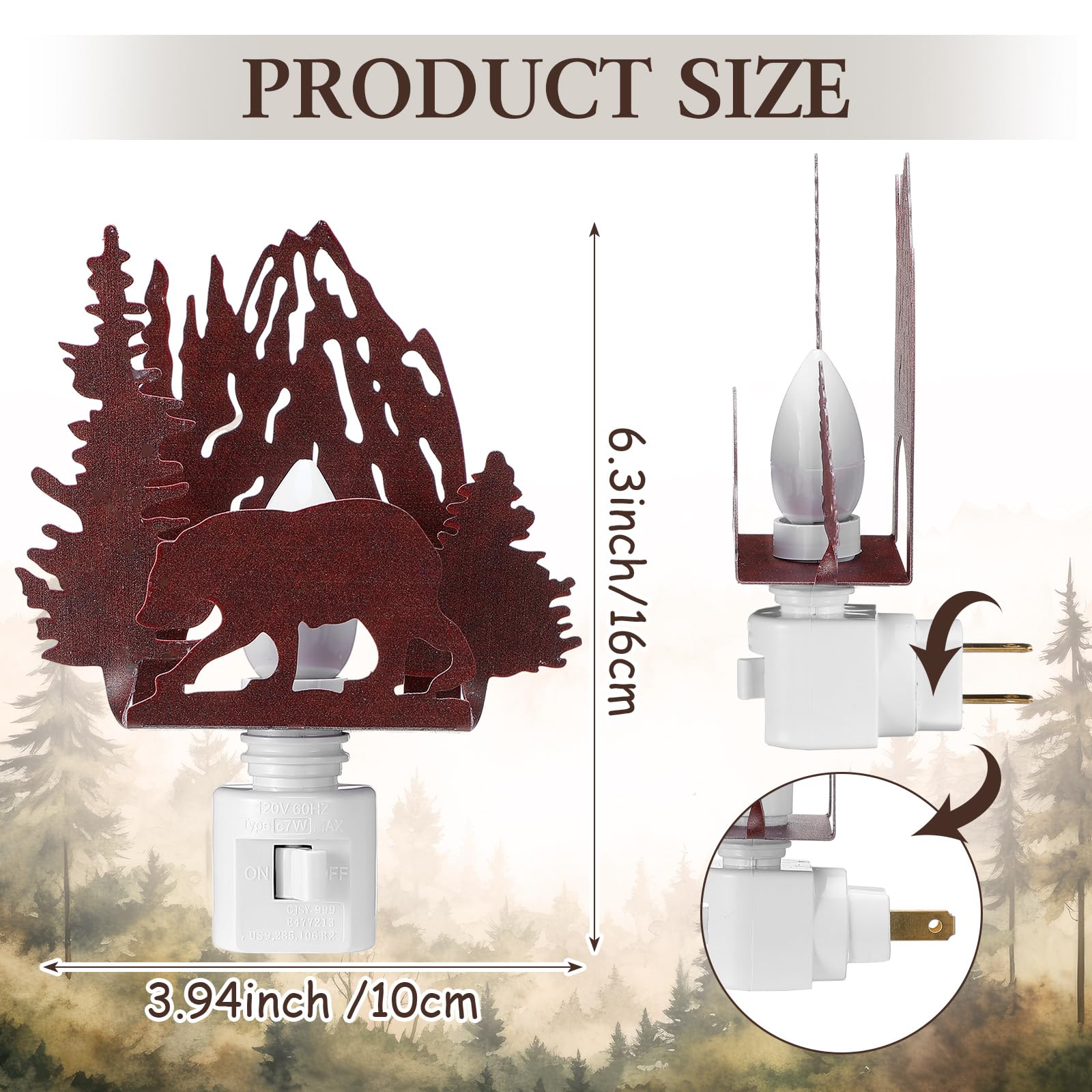 Tuanse Metal Plug-in Night Light, Bear Design, LED Lamp for Bedroom & Living Room, Red Brown, Model ER-Tuanse-1753