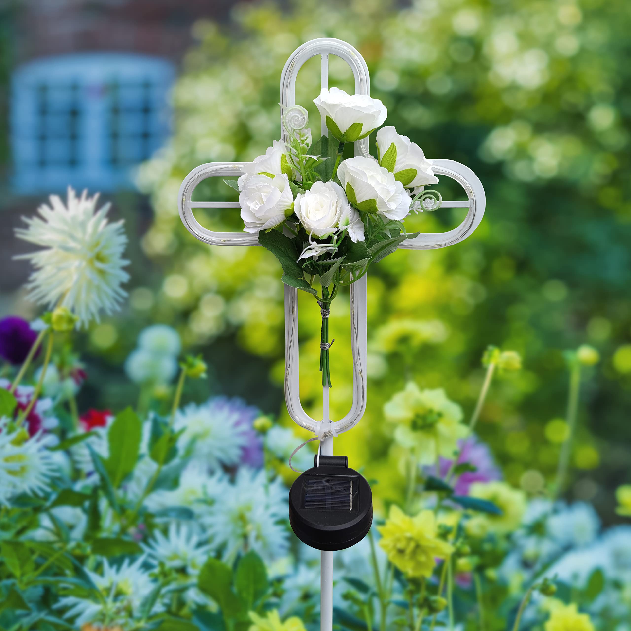 Coozzyhour Solar Cross Garden Stake Lights, Cemetery Decorations For Grave Outdoor Led Light, Artificial Flowers Cross For Remem