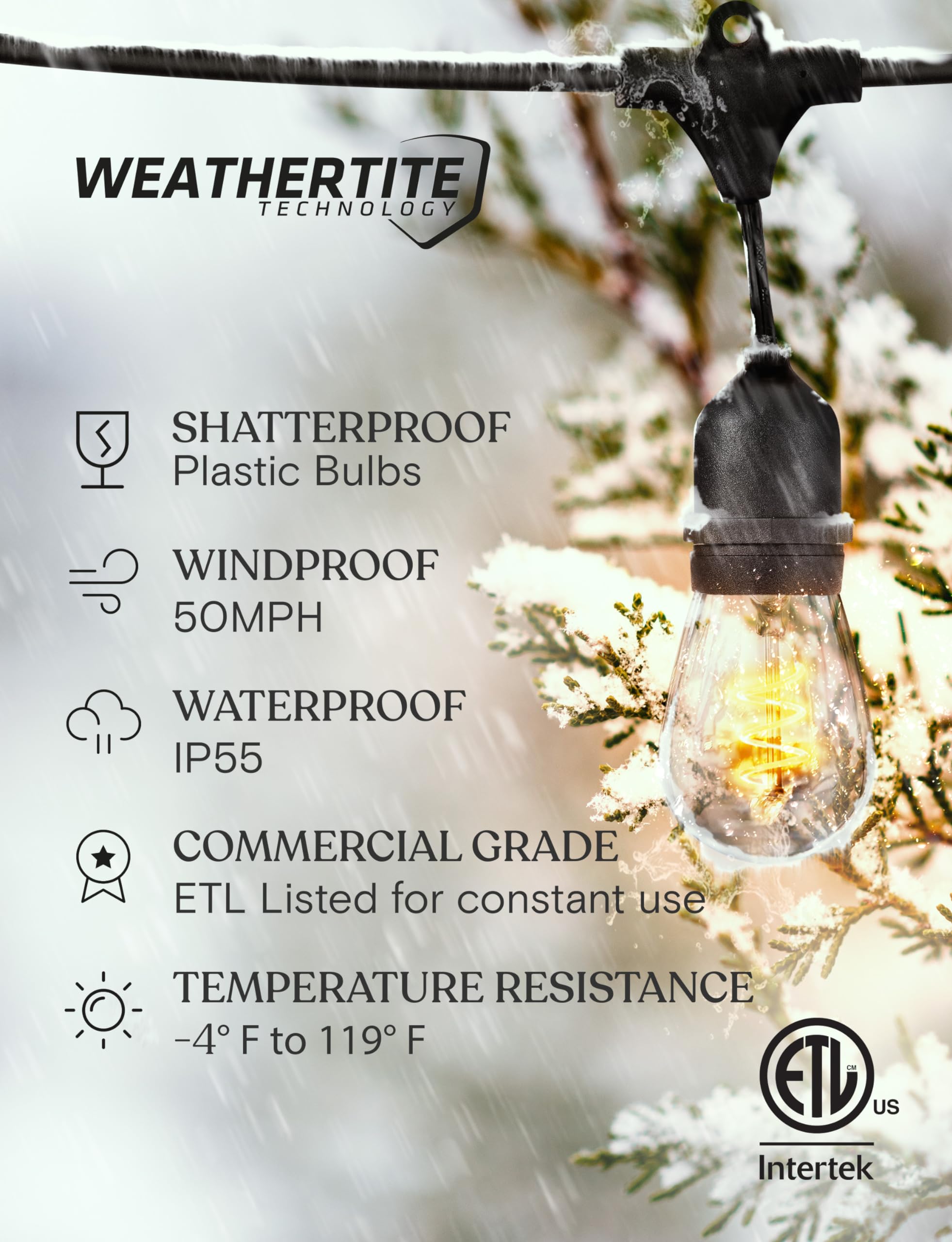 Brightech Ambience Pro - Waterproof Led Outdoor String Lights - 15 Bulbs, Dimmable 2W Vintage Spiral Edison Bulbs - 48 Ft Commer