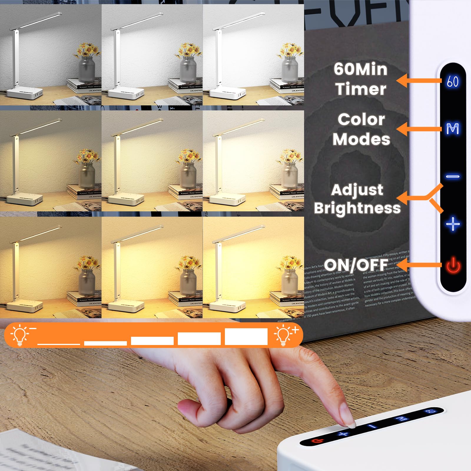 Desk Lamps For Home Office,Modern Led Desk Lamp For Dorm With 3 Usb Charging Port 2 Ac Power Outlets,9 Lighting Mode,Touch/Timer