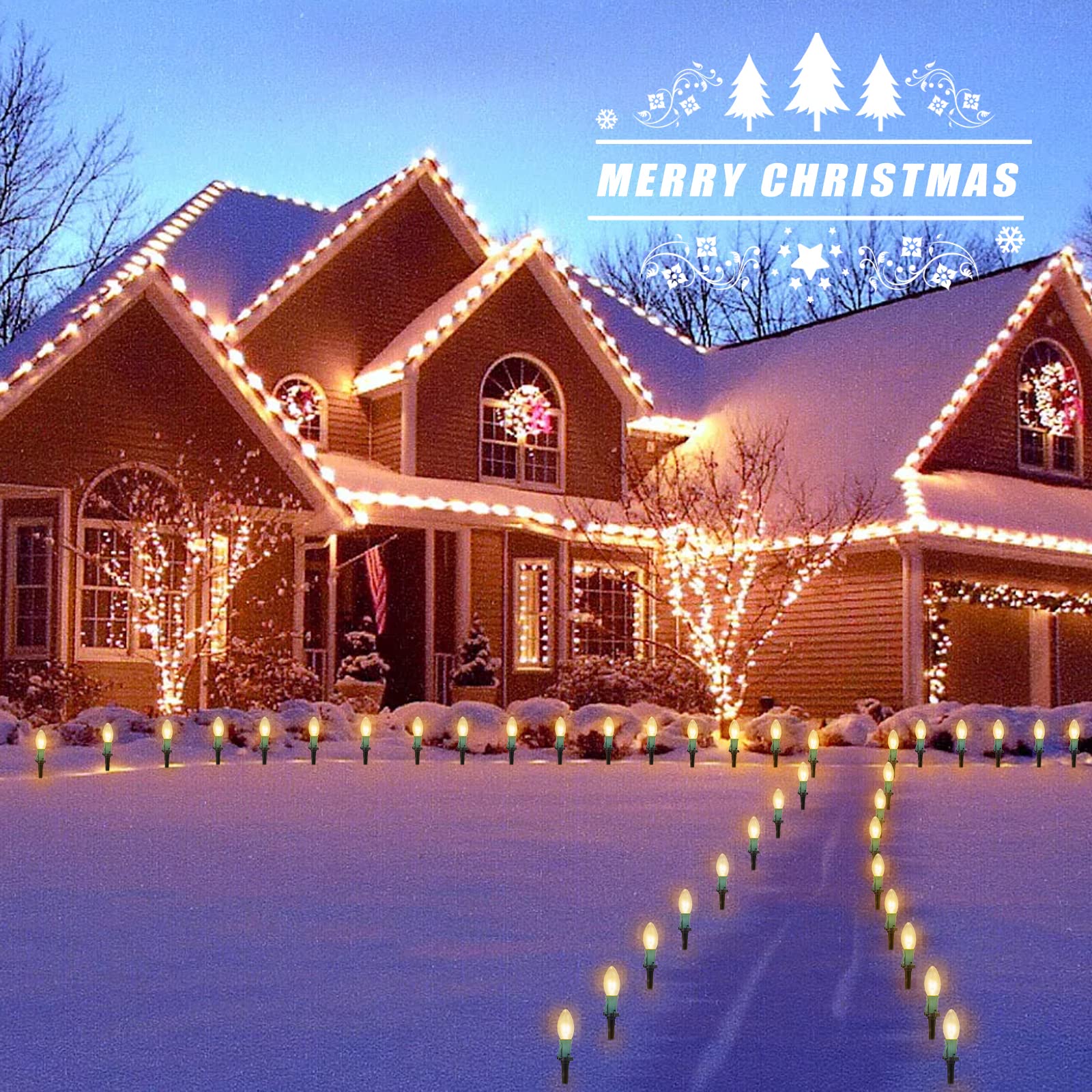 Brightown Christmas Pathway String Lights - 25.7 Ft, 20 Clear Waterproof Incandescent Lights, Warm White, Model GY-C-50.6-U-B1