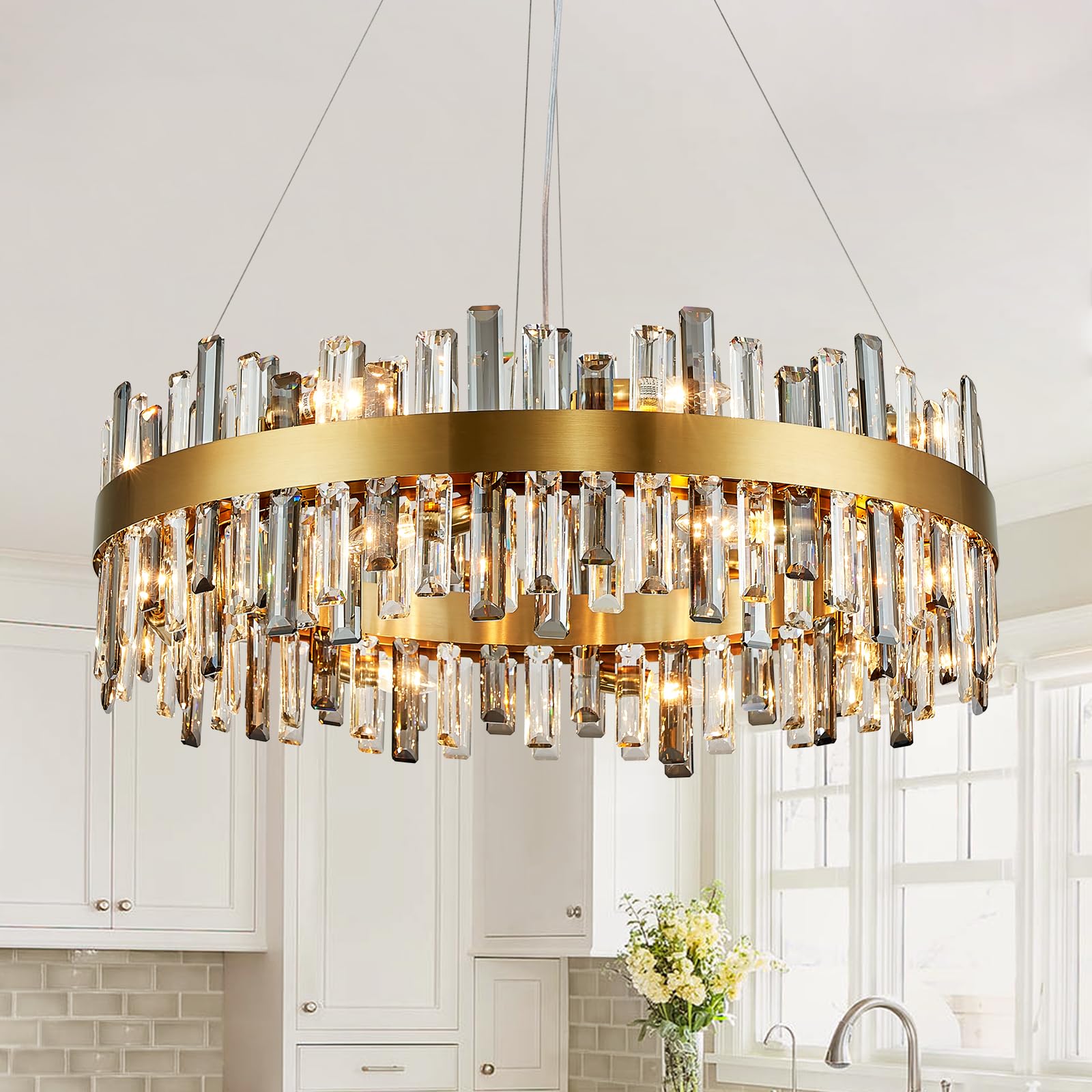 Siljoy Modern Crystal Chandelier, 16 Lights, Brass Gold, Round D31.5in , Clear & Grey Crystal, Model FSK0609