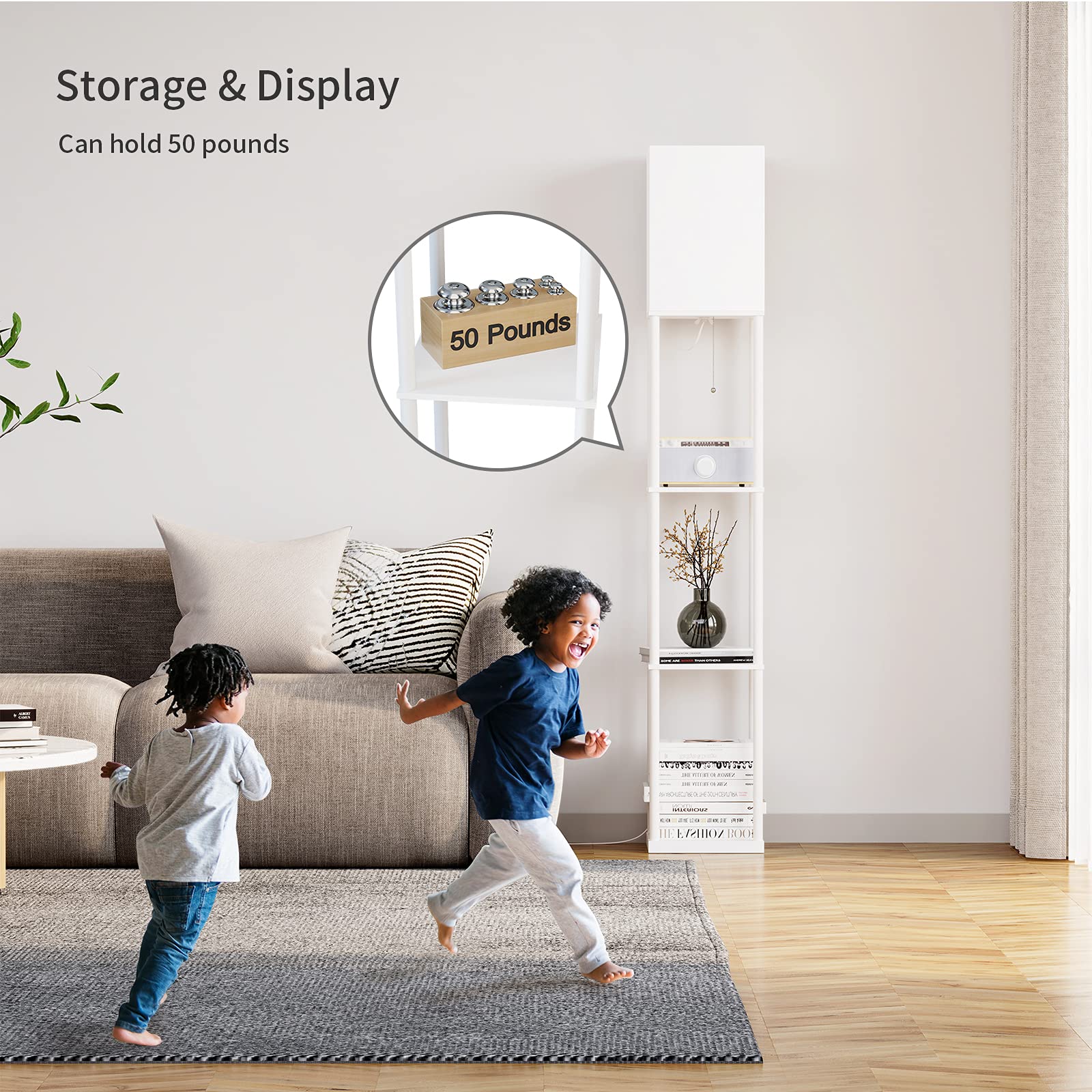 SUNMORY Shelf Floor Lamp with 3-Way Dimmable LED Bulb, Modern Wood Design, White Shade, Model L010401