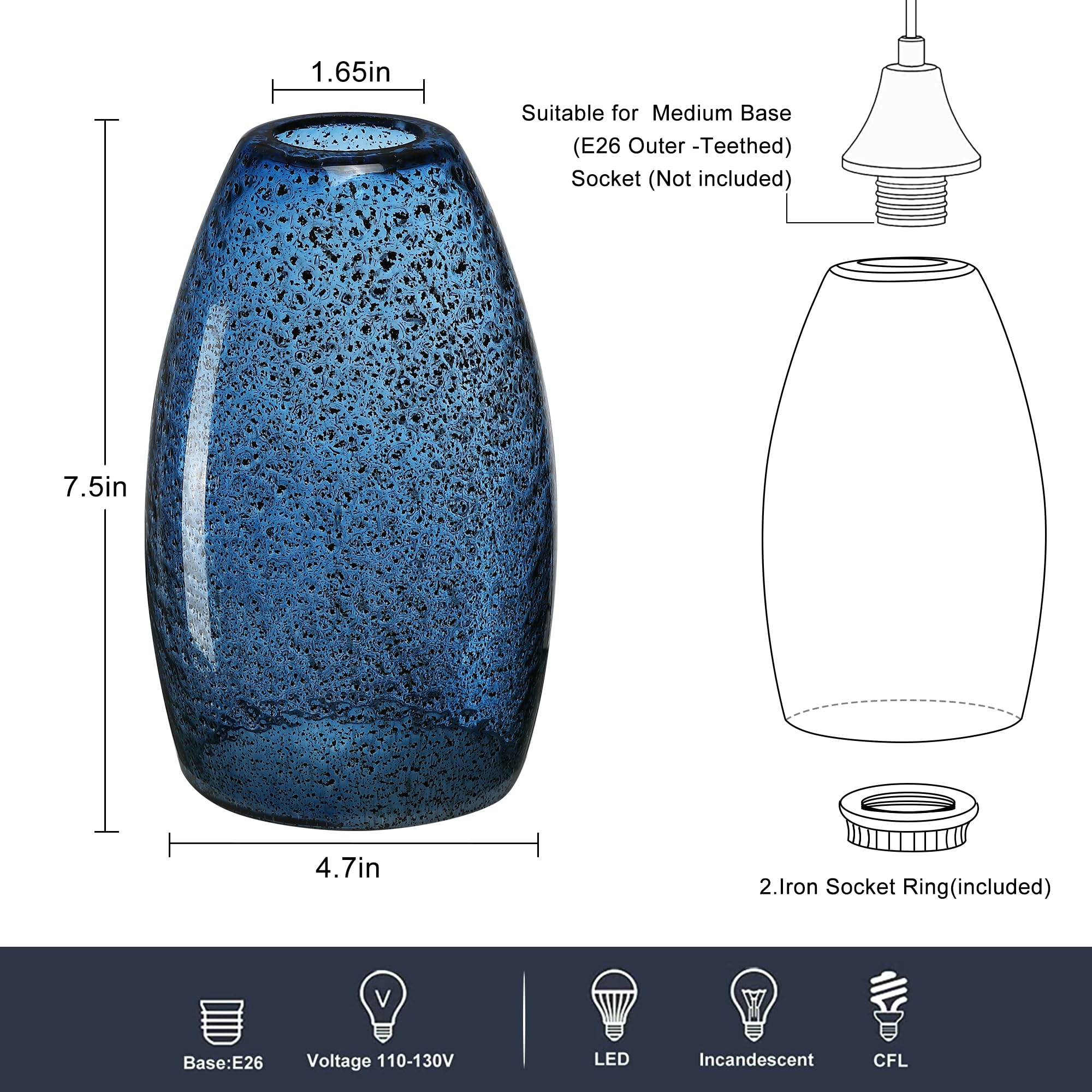 Dark Blue Seeded Oval Glass Lamp Shade Only Art Glass Shades For Kitchen Island Pendant Glass Lights Covers Light Fixture Replac