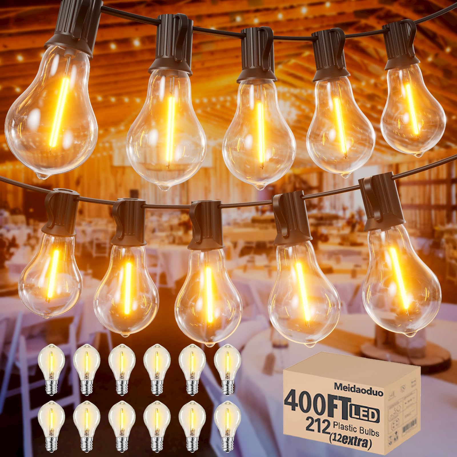 Meidaoduo Outdoor String Lights, 400FT Waterproof, 2200K A39 Warm Yellow Bulbs, Model US200100-TX20B0-A39R122, 4Pack