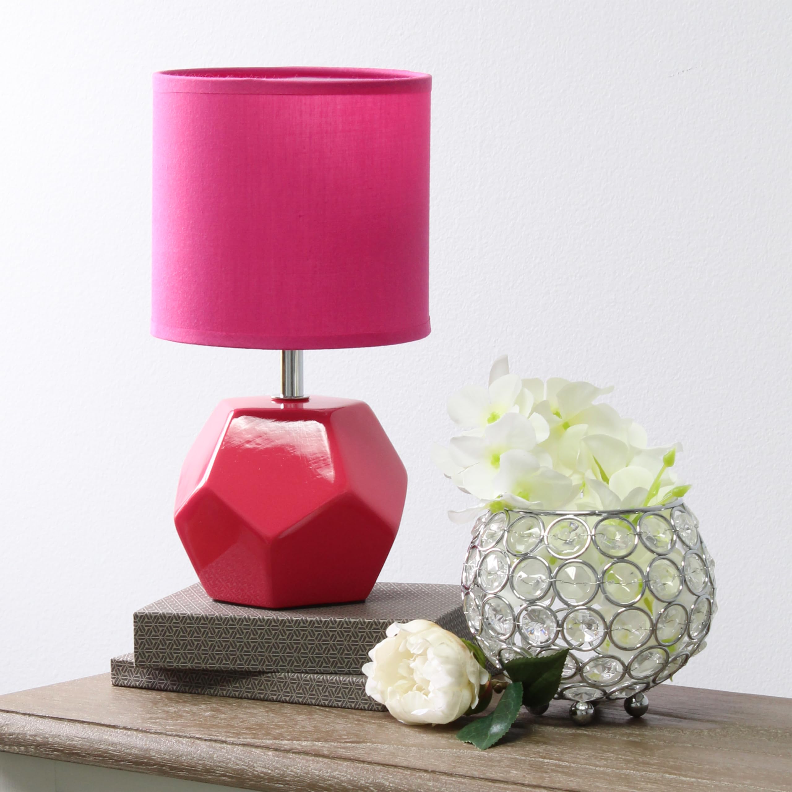 Simple Designs Lt2065-Pnk-Lb 10.24'' Round Geometric Prism Mini Table Lamp With Matching Fabric Shade, Led Bulb Included, Pink