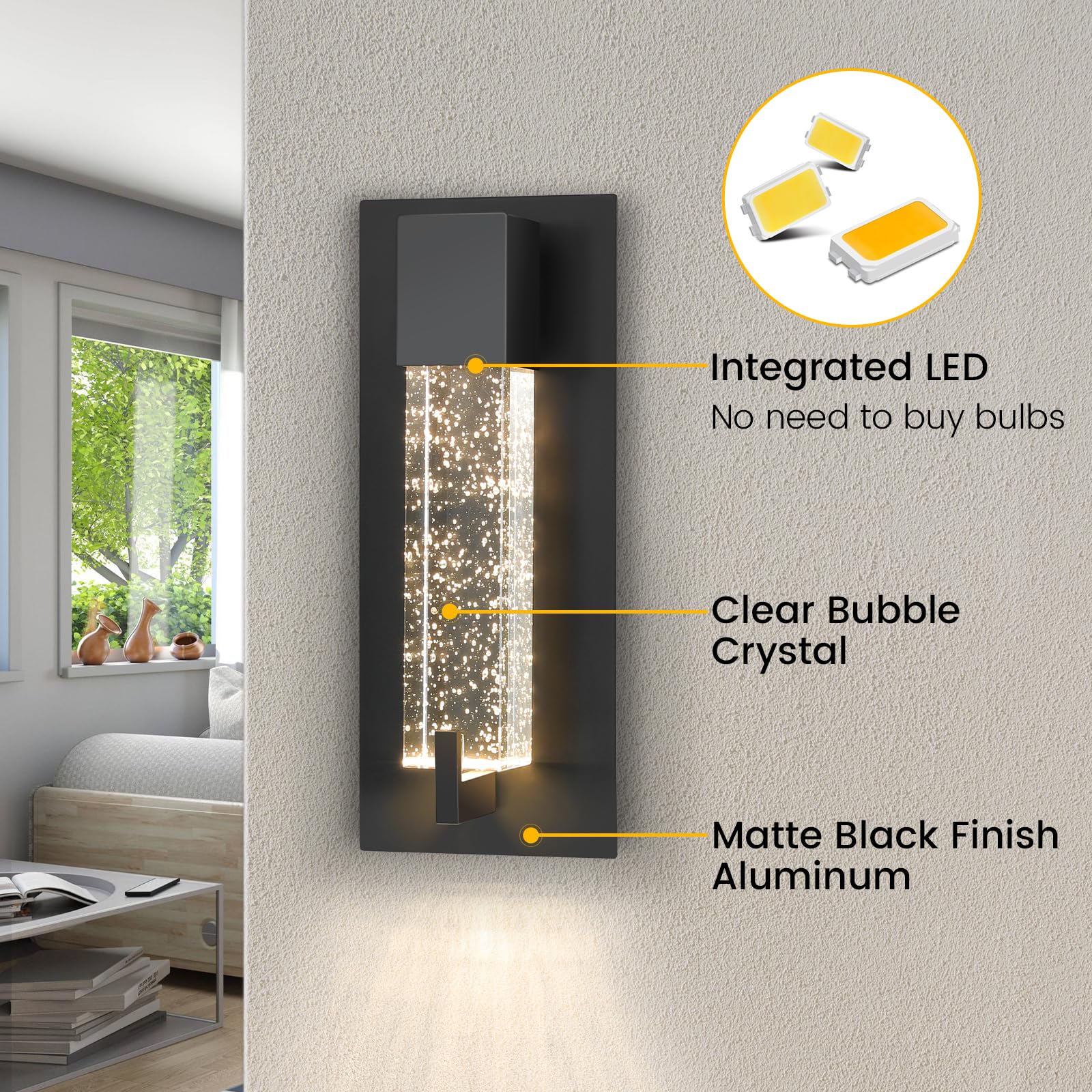 WOSHITU LED Wall Sconce Light: 11 Inch Black Modern Sconces Wall Lighting 3000K Dimmable Crystal Wall Lamps Indoor Bathroom Scon