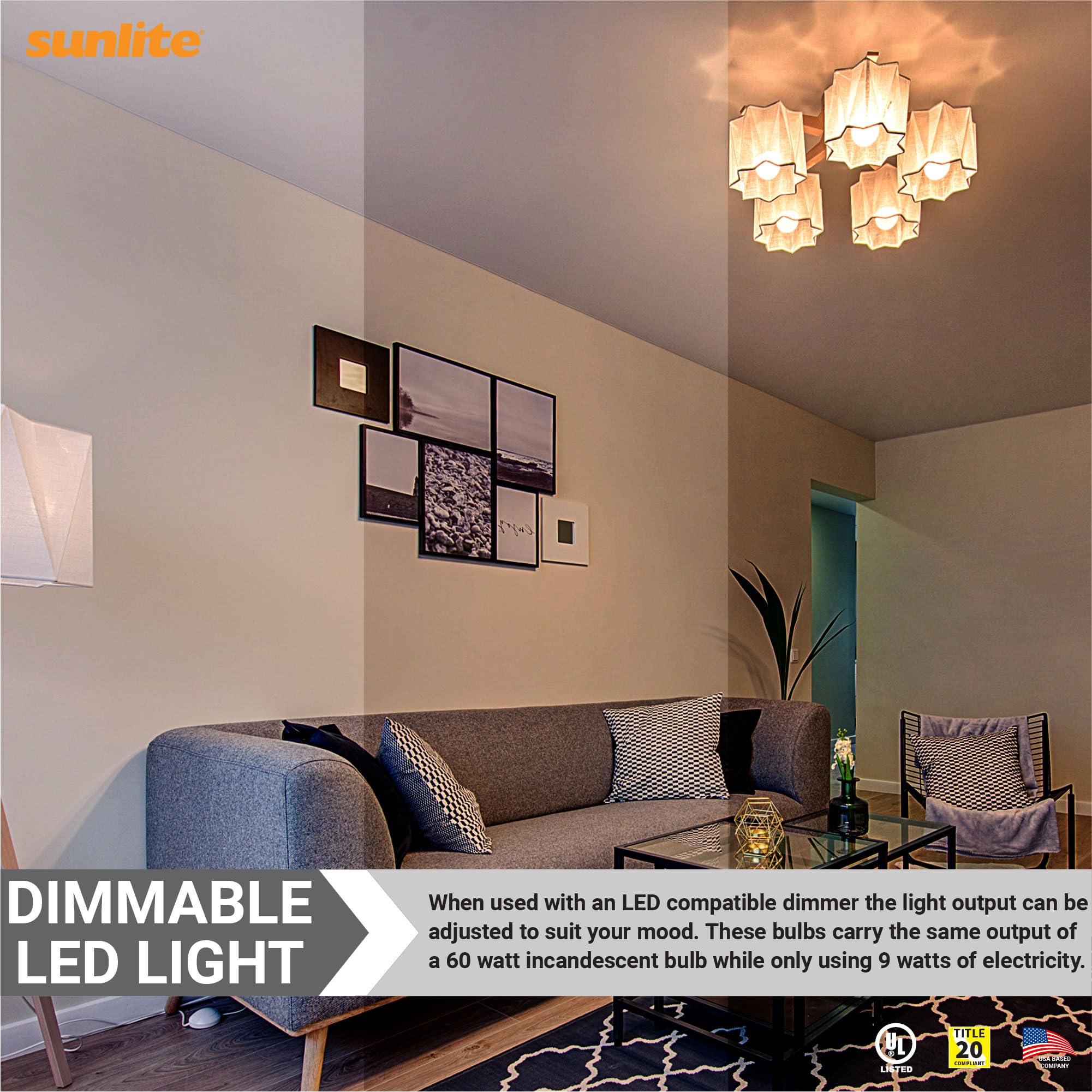 Sunlite LED A19 Light Bulb, 9 Watts, Dimmable, 800 Lumens, 120V, 3000K Warm White, E26 Base, 6 Pack,