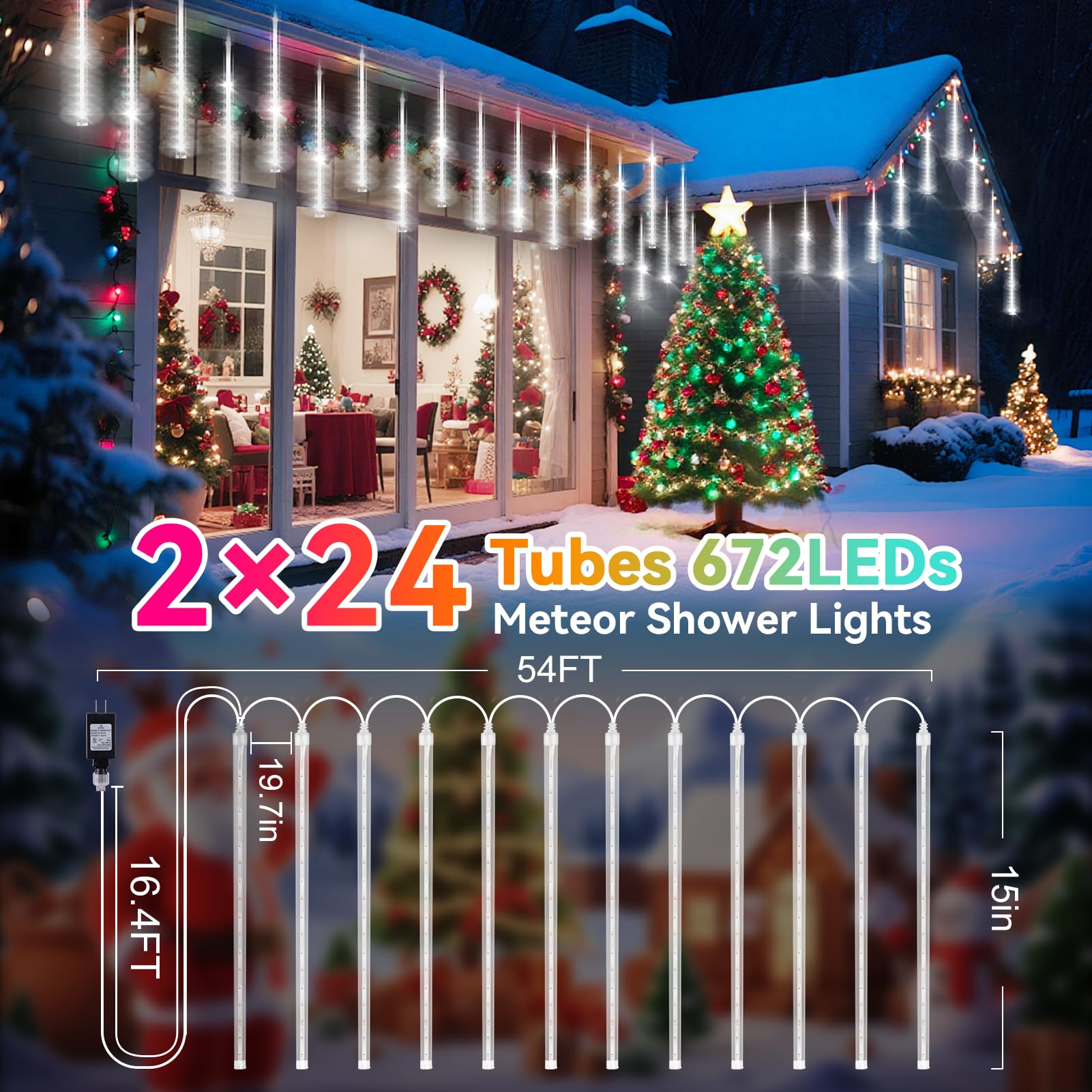 Knonew 2Pack Total 48 Tube Meteor Shower Lights 15 In 672 Leds Christmas Lights Outdoor Waterproof Plug In Falling Rain Light For Xmas Tree Wedding Party Garden Holiday Decorations (Cool White)
