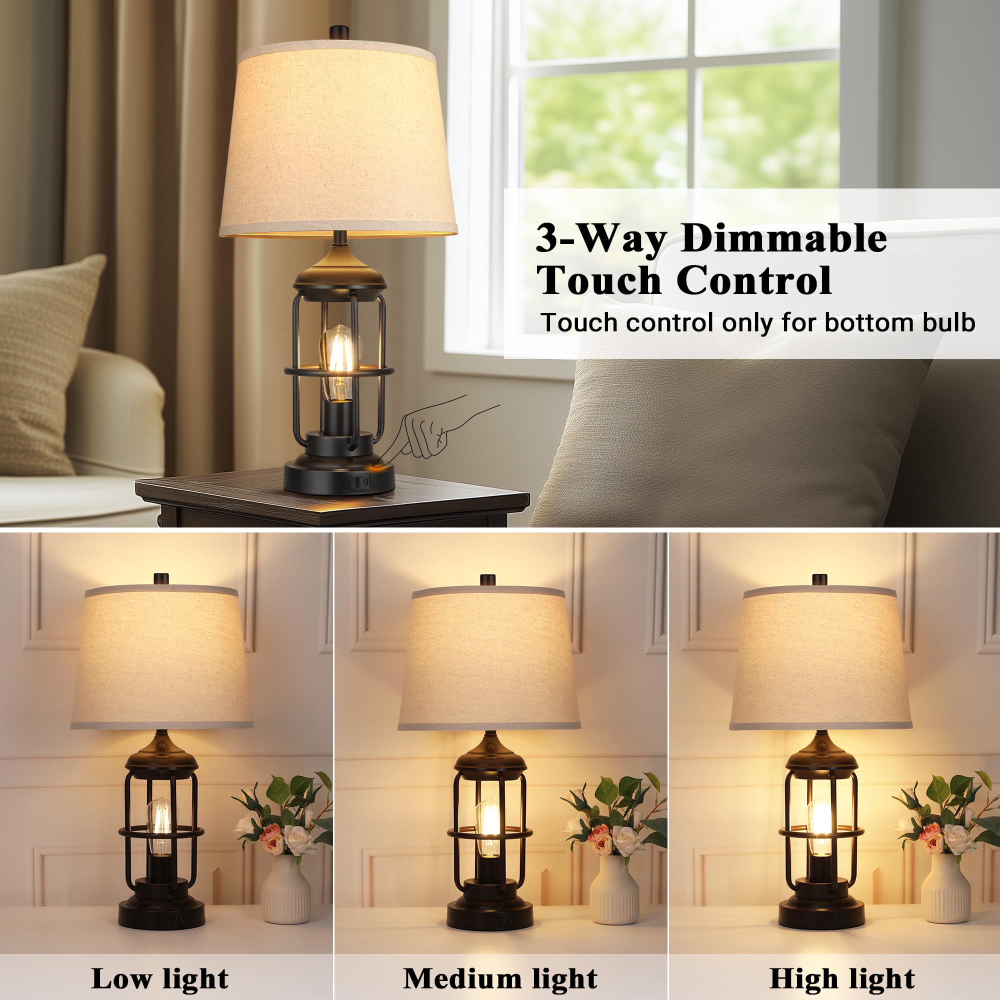 Qimh Table Lamp For Bedroom With Usb A+C Ports, Farmhouse Bedside Lamp With Night Light, 3-Way Dimmable Touch Control, Rustic In