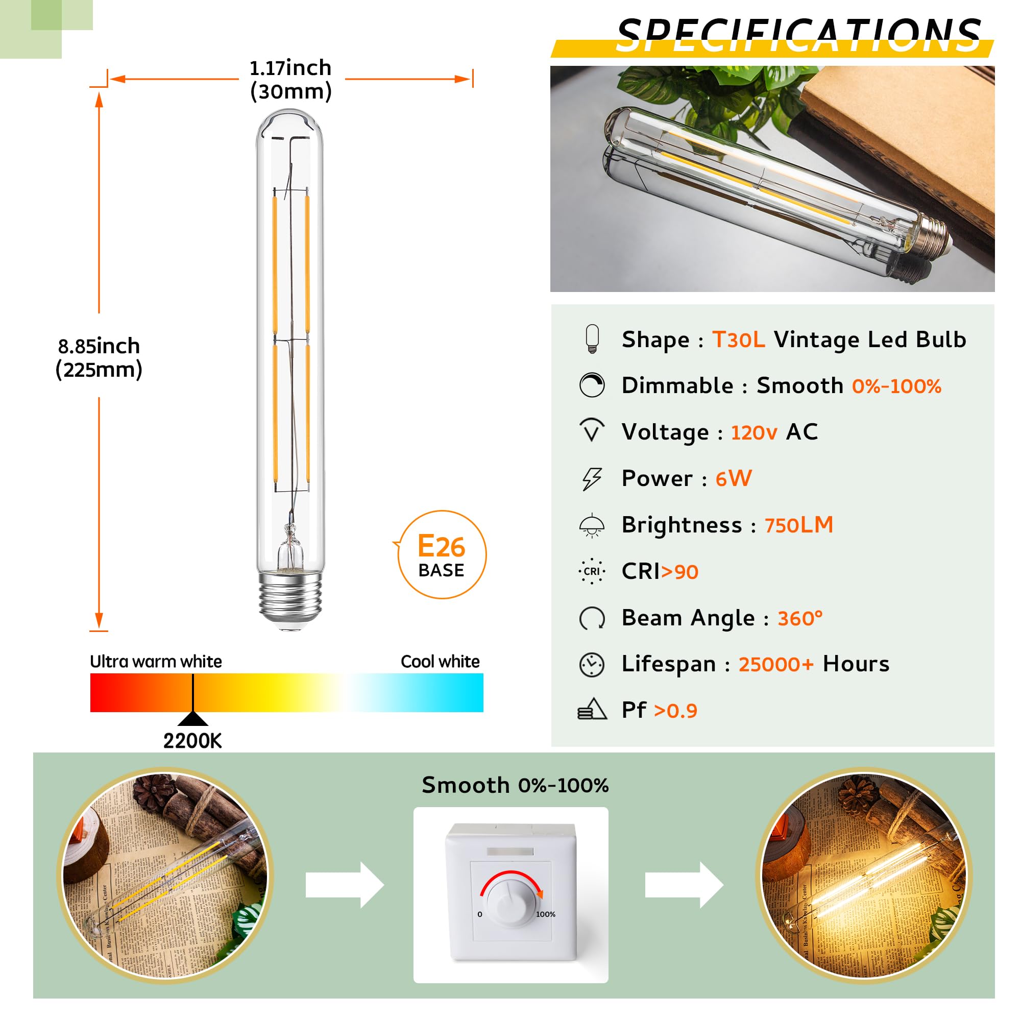 Sphoon 6W Dimmable T10 8.9Inch Led Bulb E26 Light Bulb Equal 60 Watt 225 Long Led Light Bulb Ac120V Warm White 2700K Edison 750L