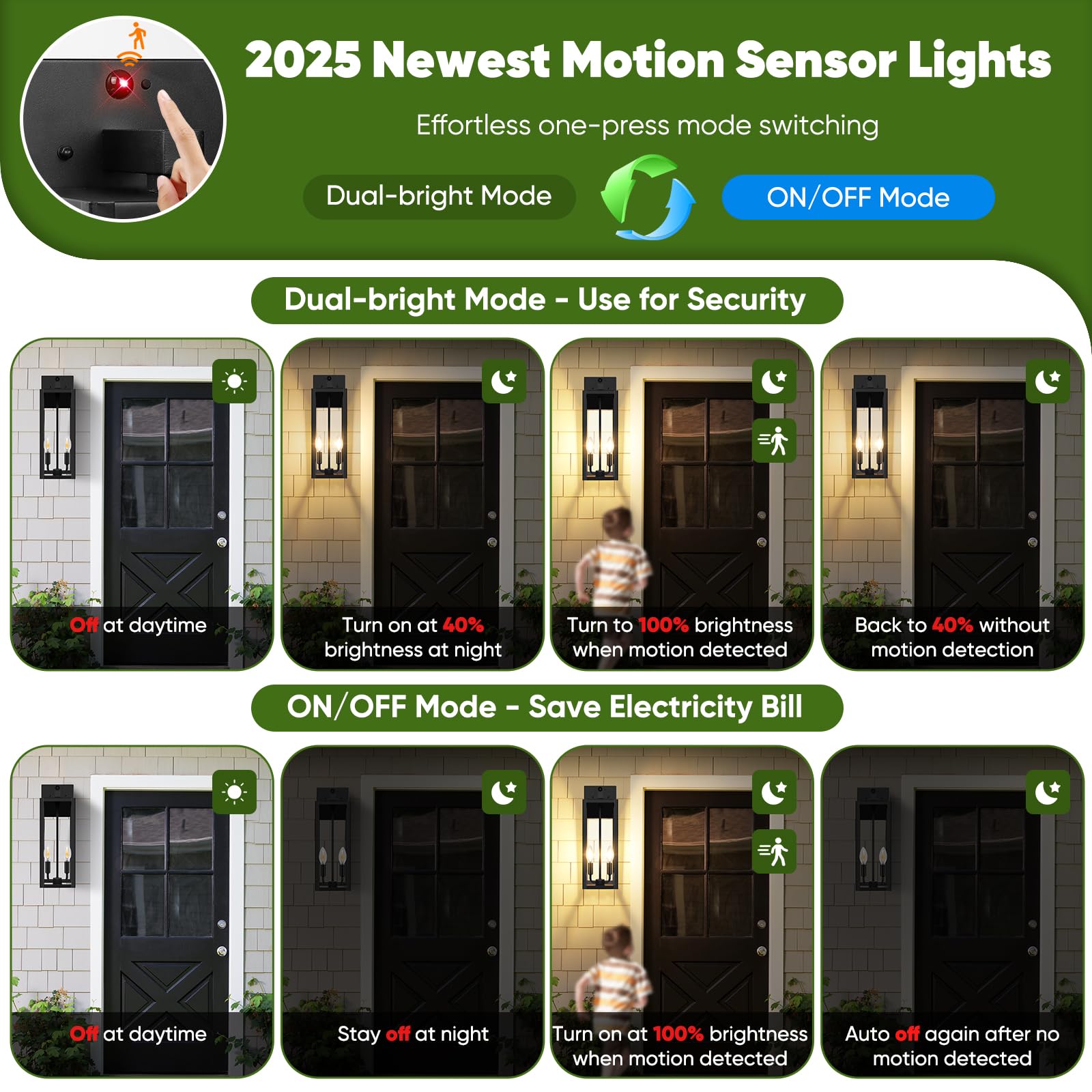 2-Pack Upgraded Motion Sensor Outdoor Wall Lights, 18    Large Dusk To Dawn Porch Lights Outdoor Wall Sconce Lantern, 3 Lighting