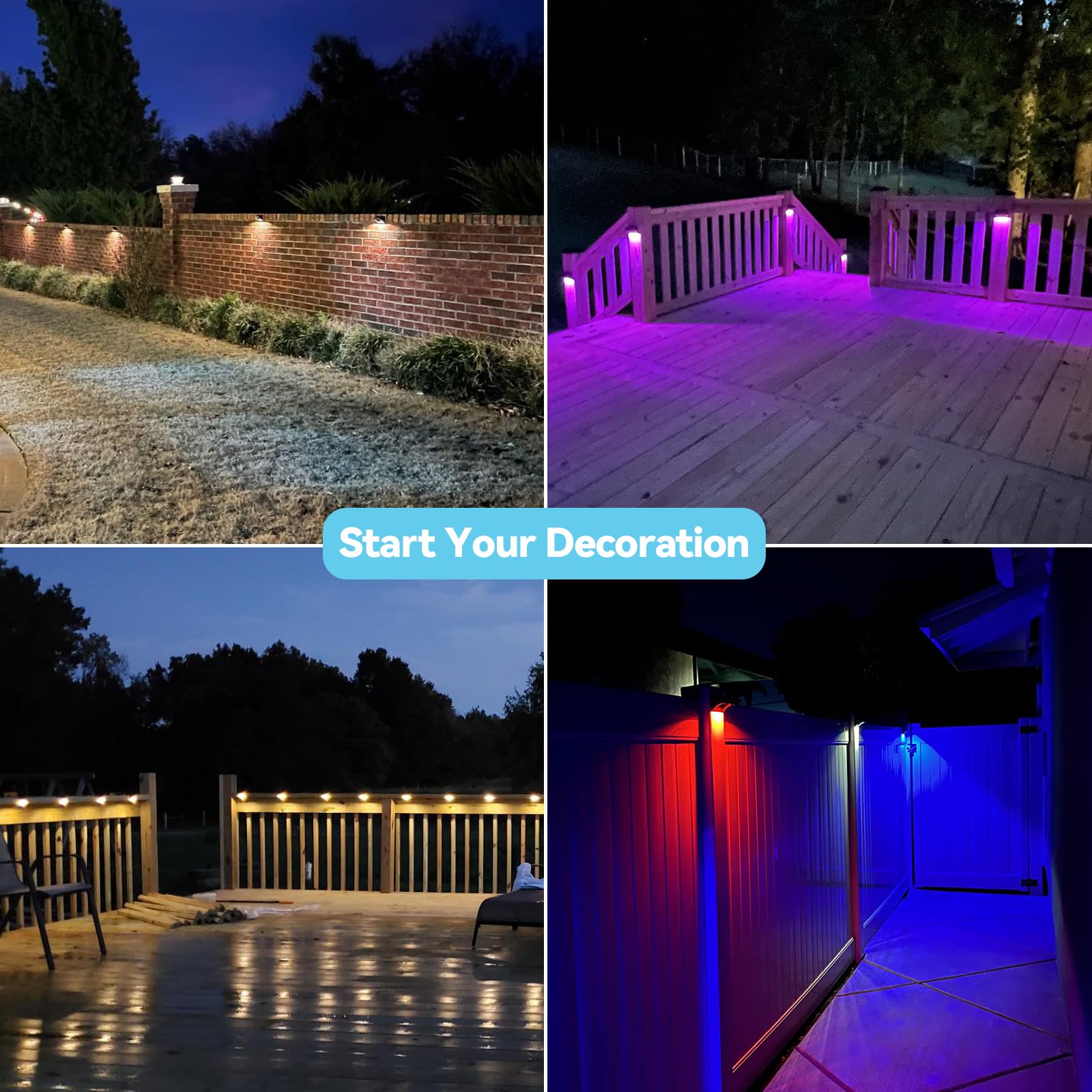 Bridika Solar Fence Lights, Waterproof LED, Warm White & RGB, 4 Pack, Model QS31011, Ideal for Backyard, Patio, Deck, Pool