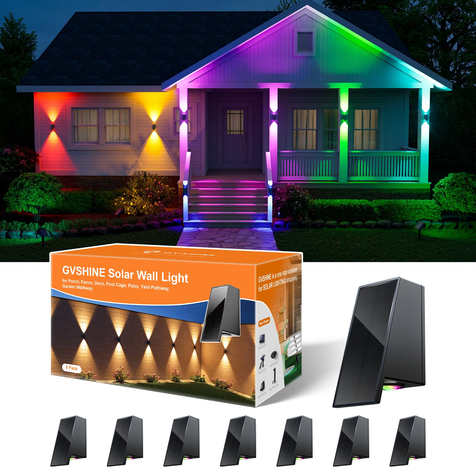 8 Pack Color Changing Solar Powered Fence Lights Outdoor Waterproof Wall Mount Led Rgb Ambiance Lamps For Outside Patio  Deck  House  Pool Cage  Garden  Yard Decorative With 8 Colorful Lighting Modes