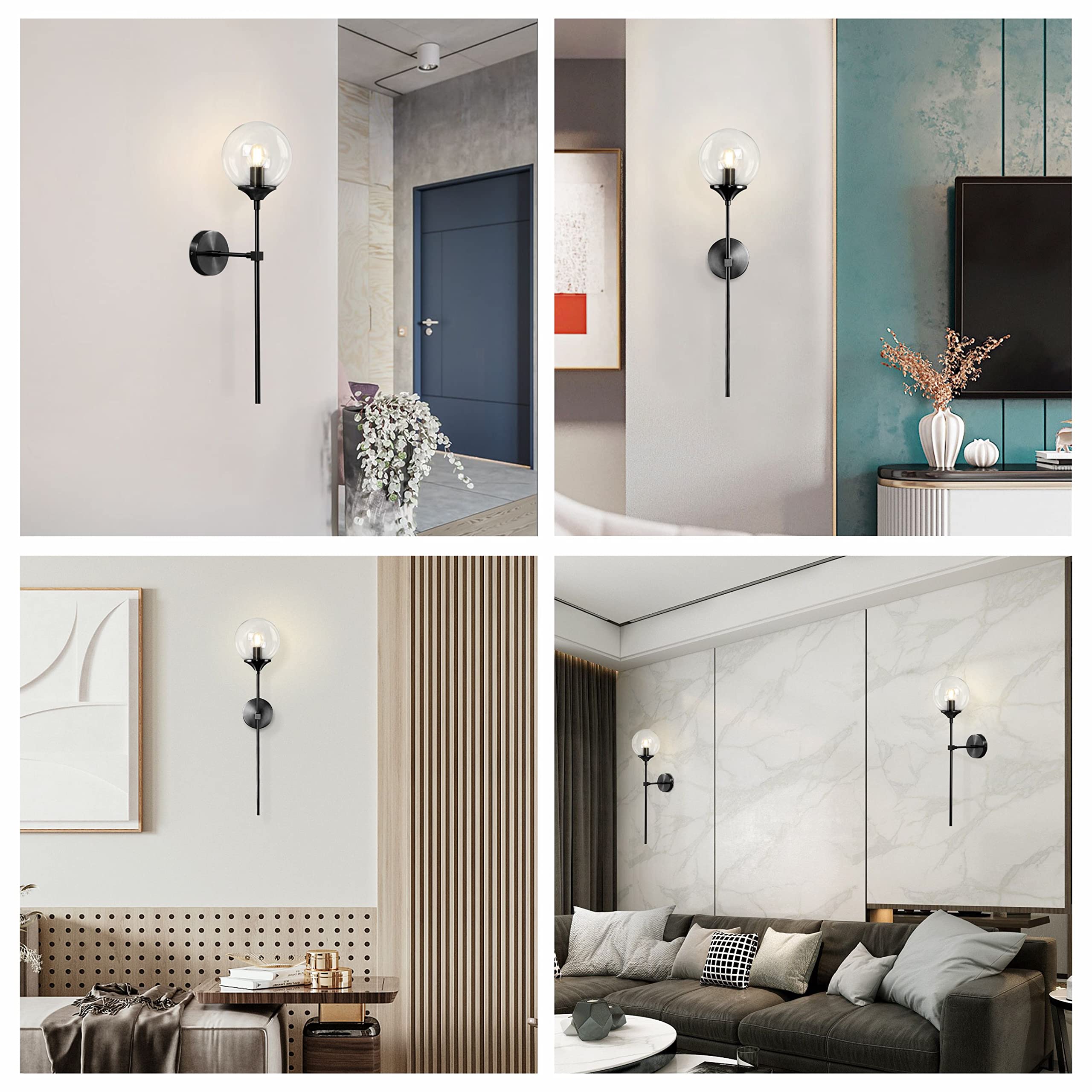KCO Mid Century Wall Sconce Black Clear Glass Globe Light, Model W1032-B-C, Minimalist Design for Hallway, Stairs, Bathroom