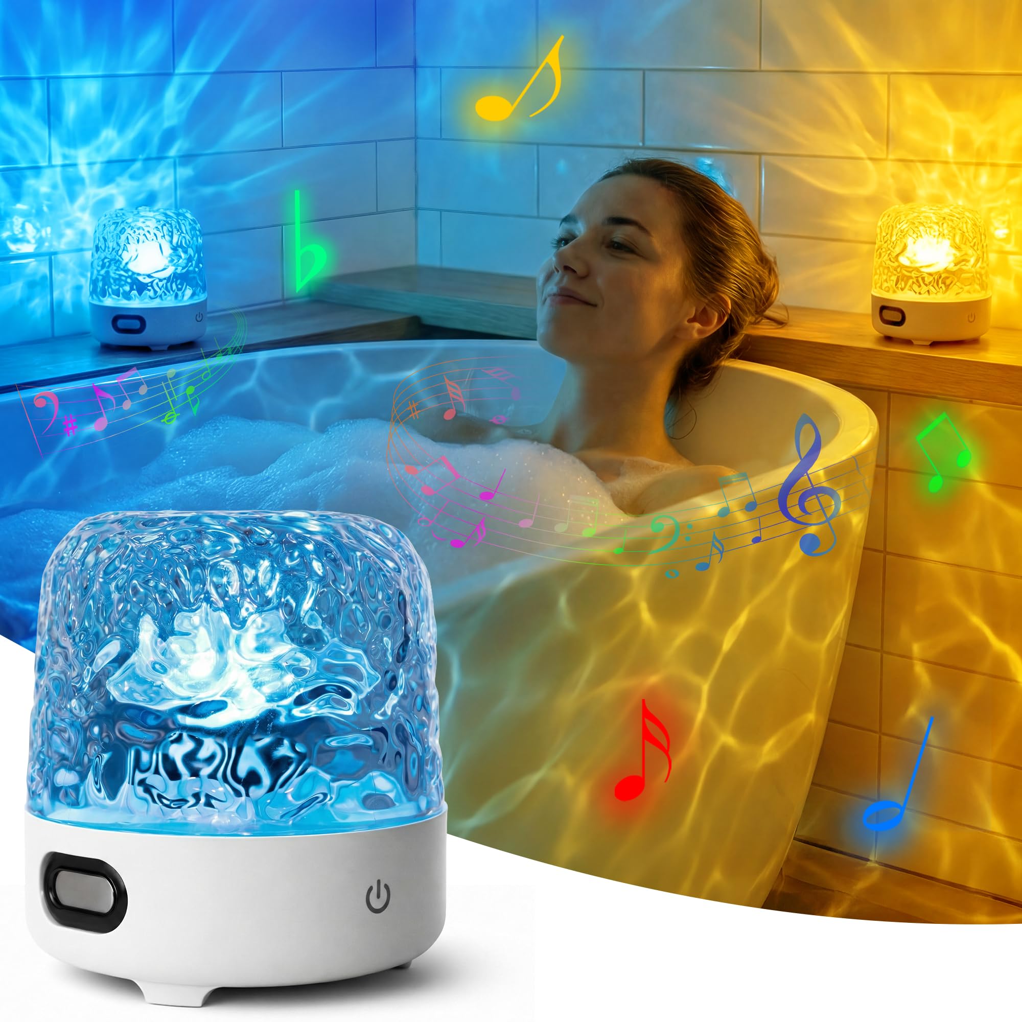 Shower Lamp Waterproof with Bluetooth Speaker, SPA-Like Ocean Shower Light with White Noise and 16 Color Wave Projector for Insi