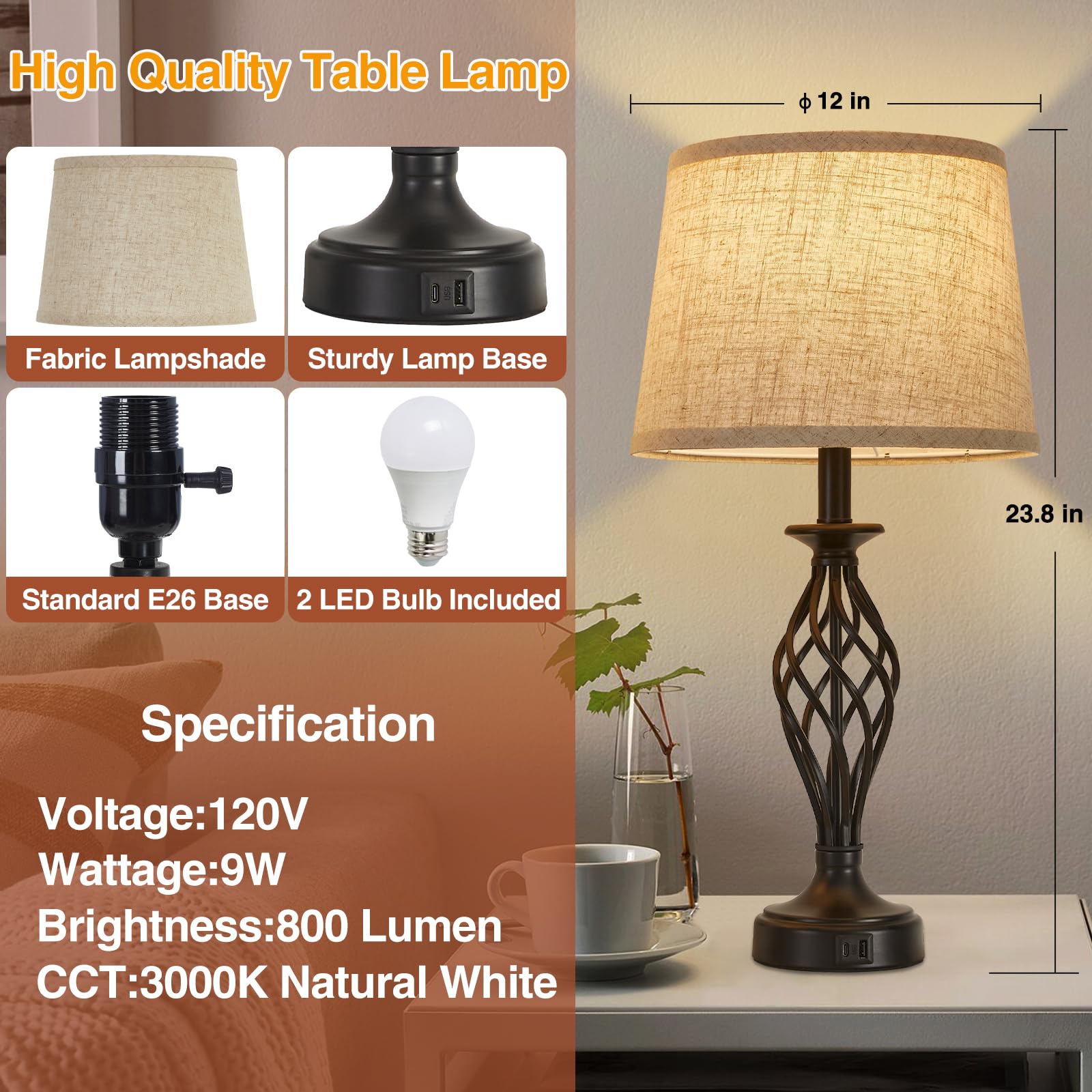 EJIAXIN Modern Table Lamp Set of 2, Black Base with Beige Shade, USB C+A Ports, Includes 2 LED Bulbs, Model 108