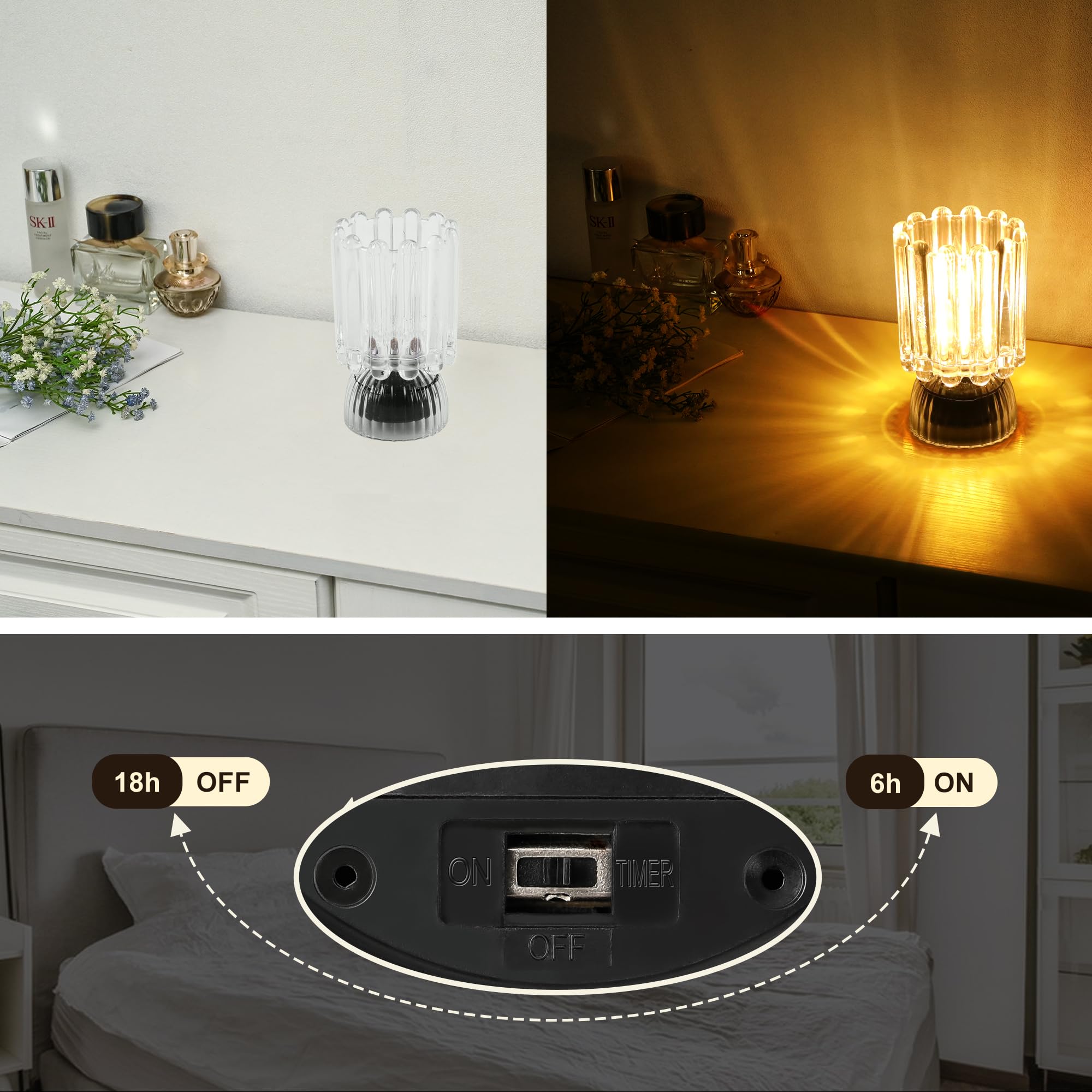 MiuBrty Battery Operated Table Lamp, Auto-Off Timer, Portable LED Night Light, Large, Wine Glass Design-White, Model ZZ-01