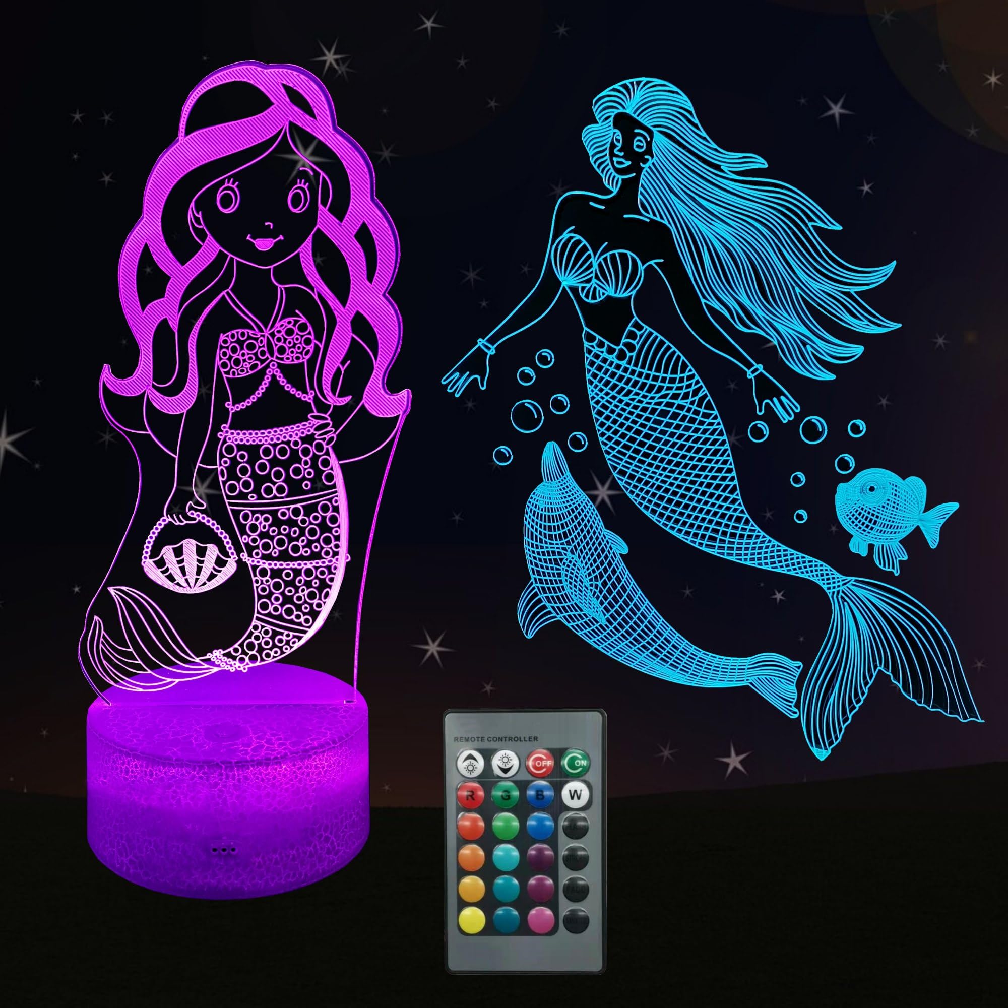 Kenmaca Mermaid Night Light for Girls Bedroom, 3D Illusion LED Lamp, 2 Patterns 16 Colors Changing Dimmable Room D  cor Bedside,