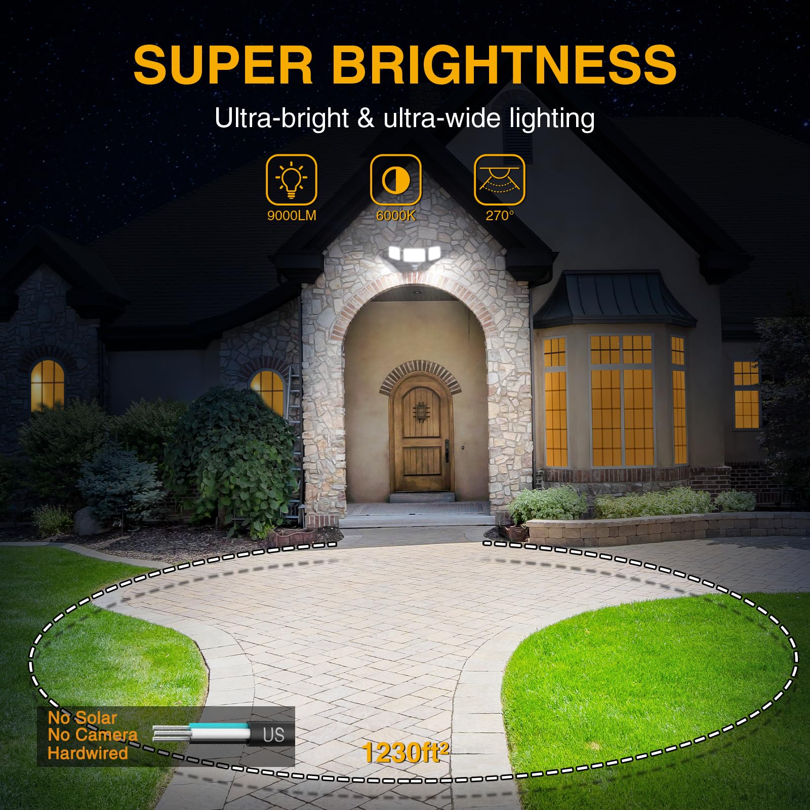 Onforu 100W LED Security Light, 9000LM, Motion Sensor, IP65 Waterproof, 3 Head, Standard Size, White, Model BDD100G-3