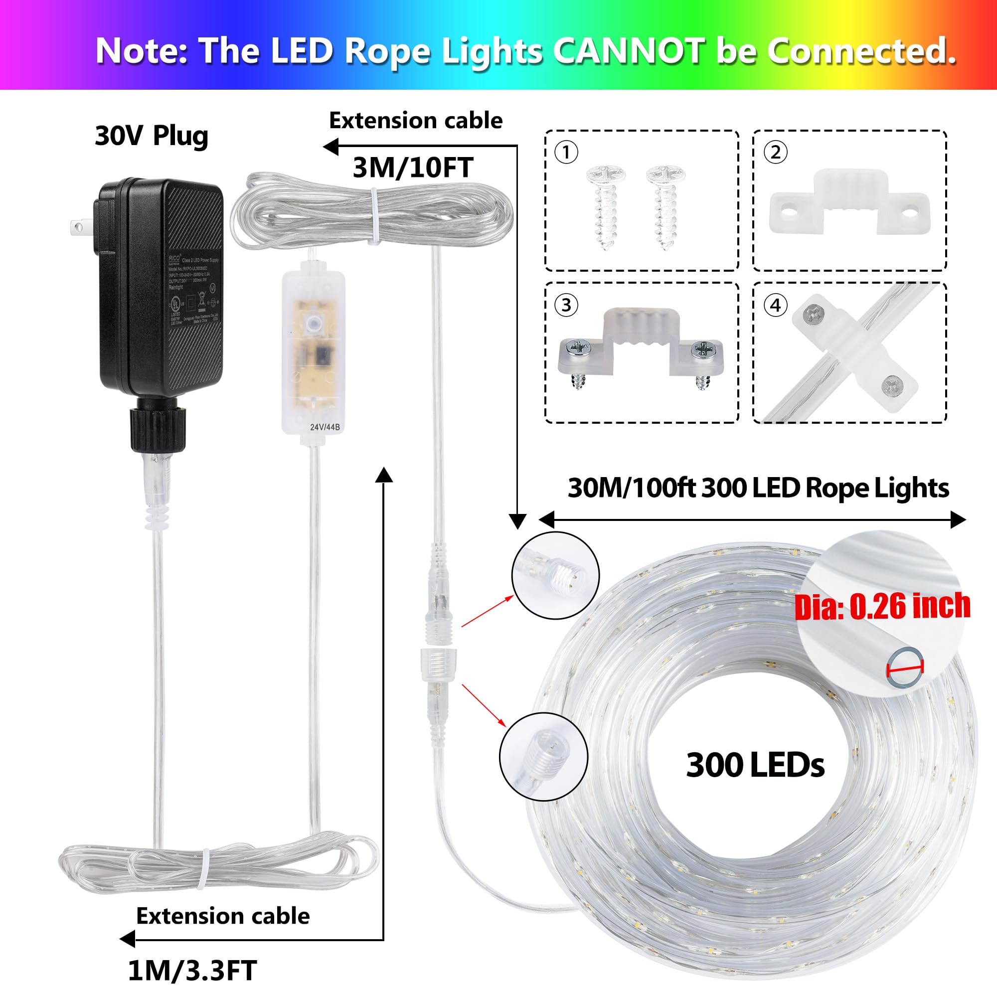 300 Led Rope Lights Outdoor String Lights Plug In  100Ft Warm White & Color Changing Christmas Lights Outdoor  Fairy Lights With Remote  Rope Lighting Waterproof For Garden Balcony(Not Connectable)