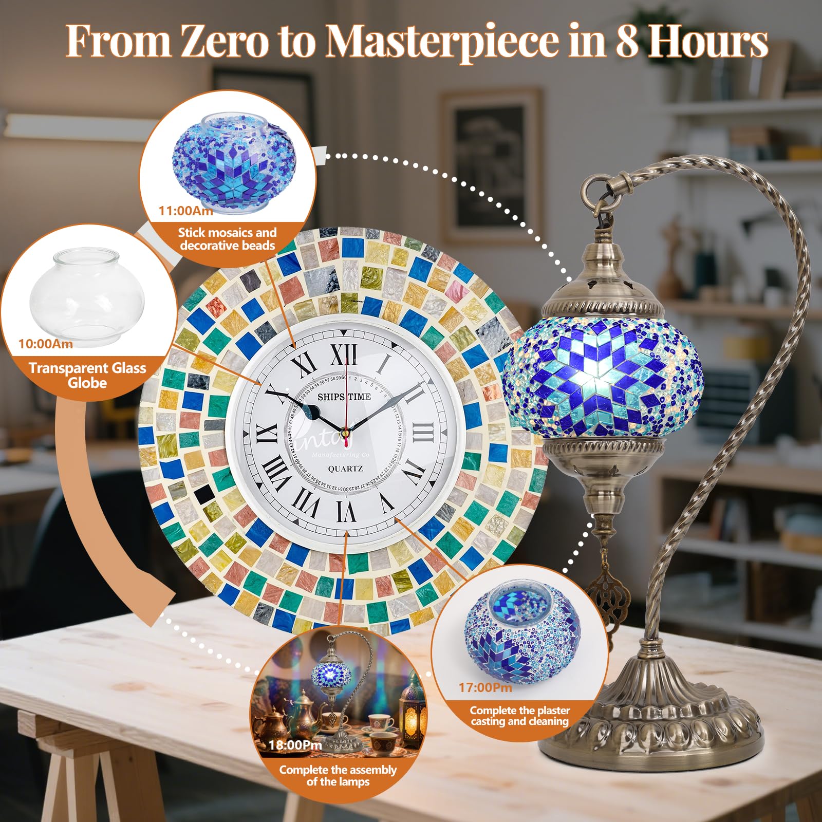 Bohmr Diy Turkish Mosaic Lamp Kit  Swan-Neck Stained Glass Lamp Making Kit- Easy Fun No Experience Needed  Mosaic Art & Craft Project Kits For mature-themeds & Teens  Make Your Own Table Lamp Blue