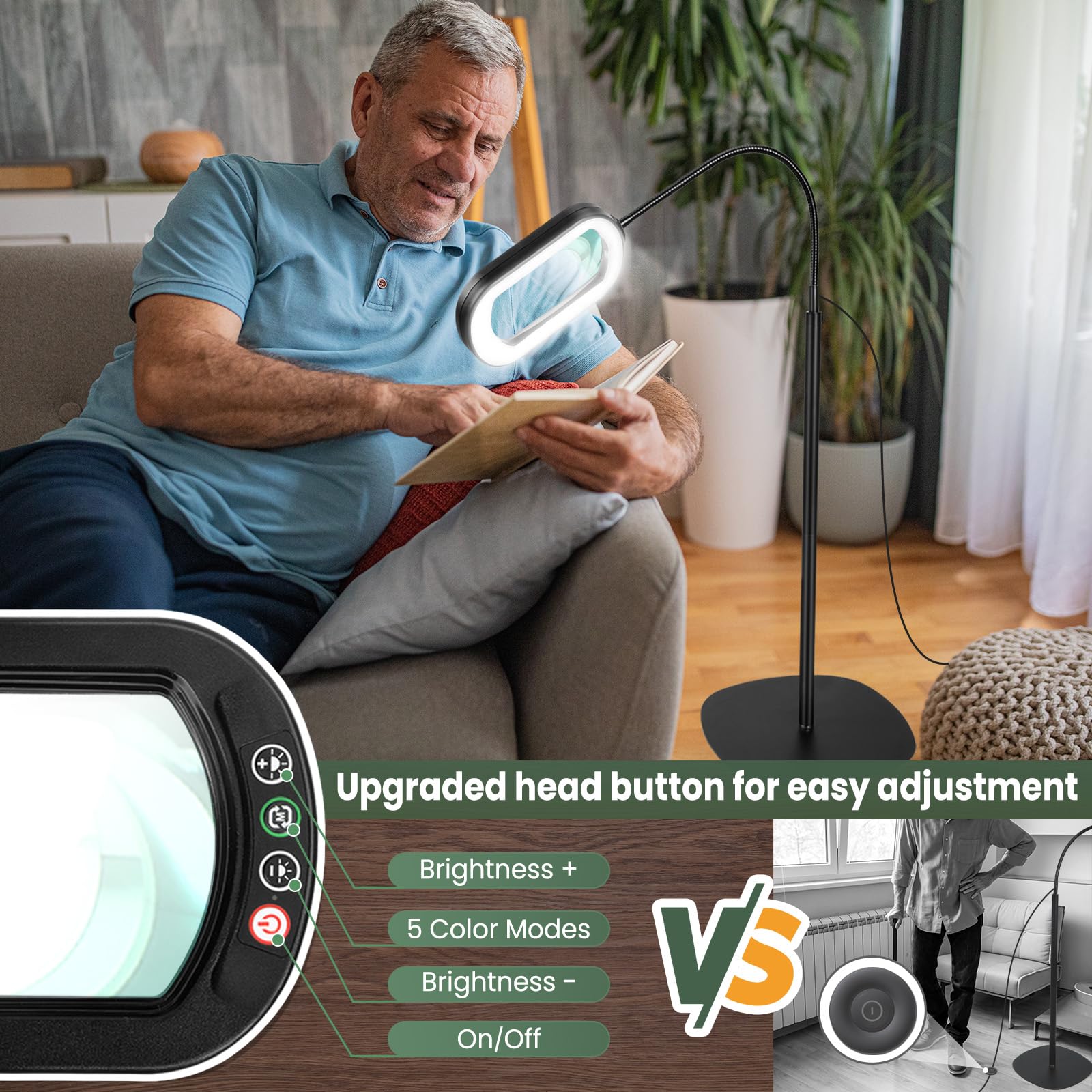 Veemagni 10X Rectangular Magnifying Glass with Light, Black, Model BLFG206E01V, 3-in-1 LED, 5 Color Modes, Stepless Dimm