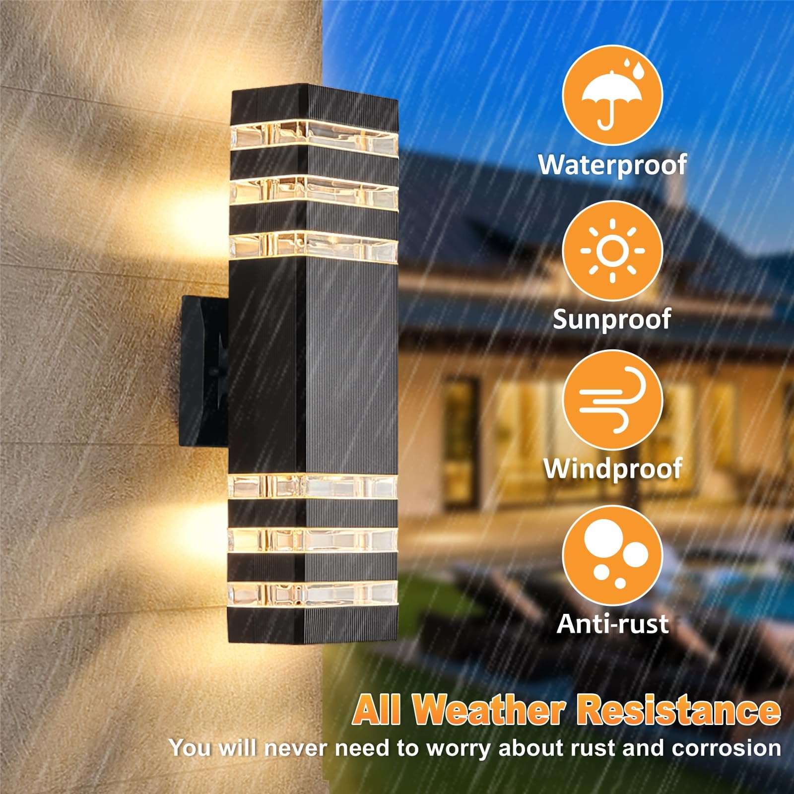 Dastor 2 Pack Waterproof Aluminum Outdoor Wall Lights, Modern Up And Down Fixture, Black