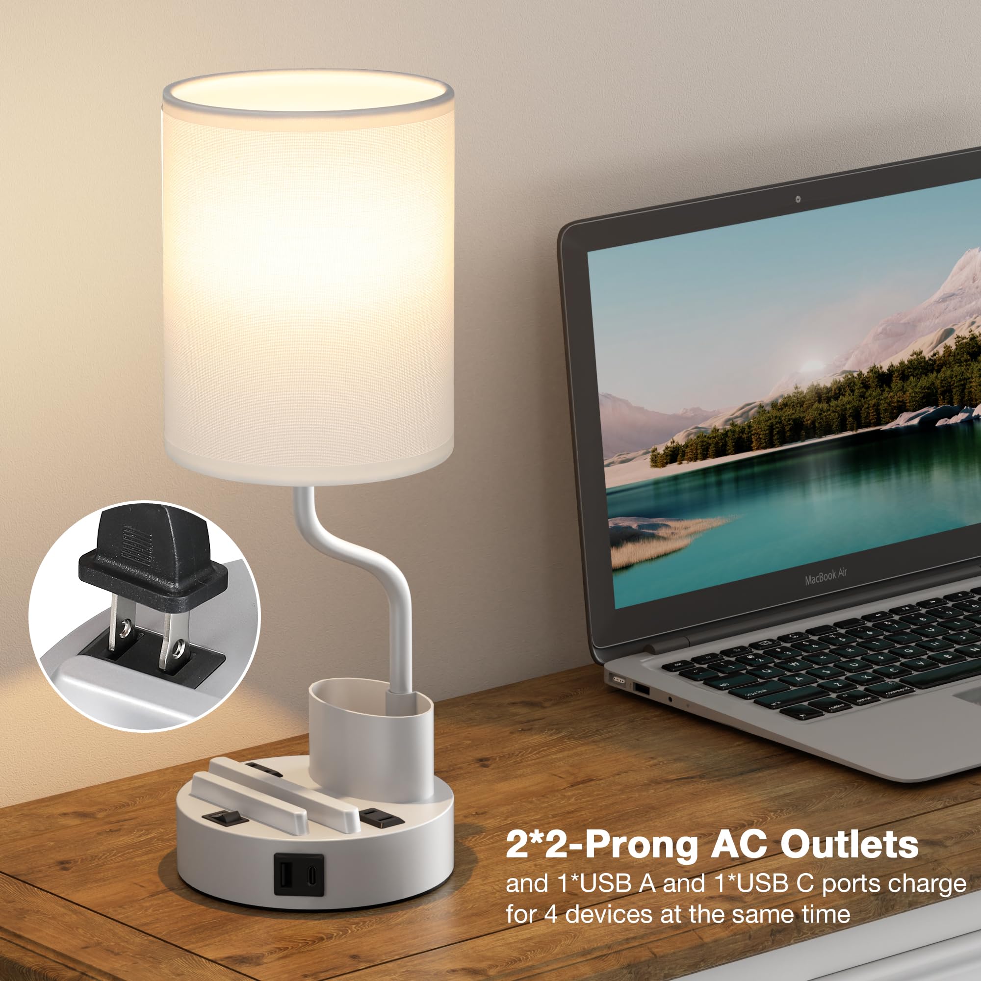 Fenmzee Grey Bedside Table Lamps Set of 2 - Nightstand Light with AC Outlet & USB Charging, Metal, 3 Color Temperatures, Model Lamps 23-1