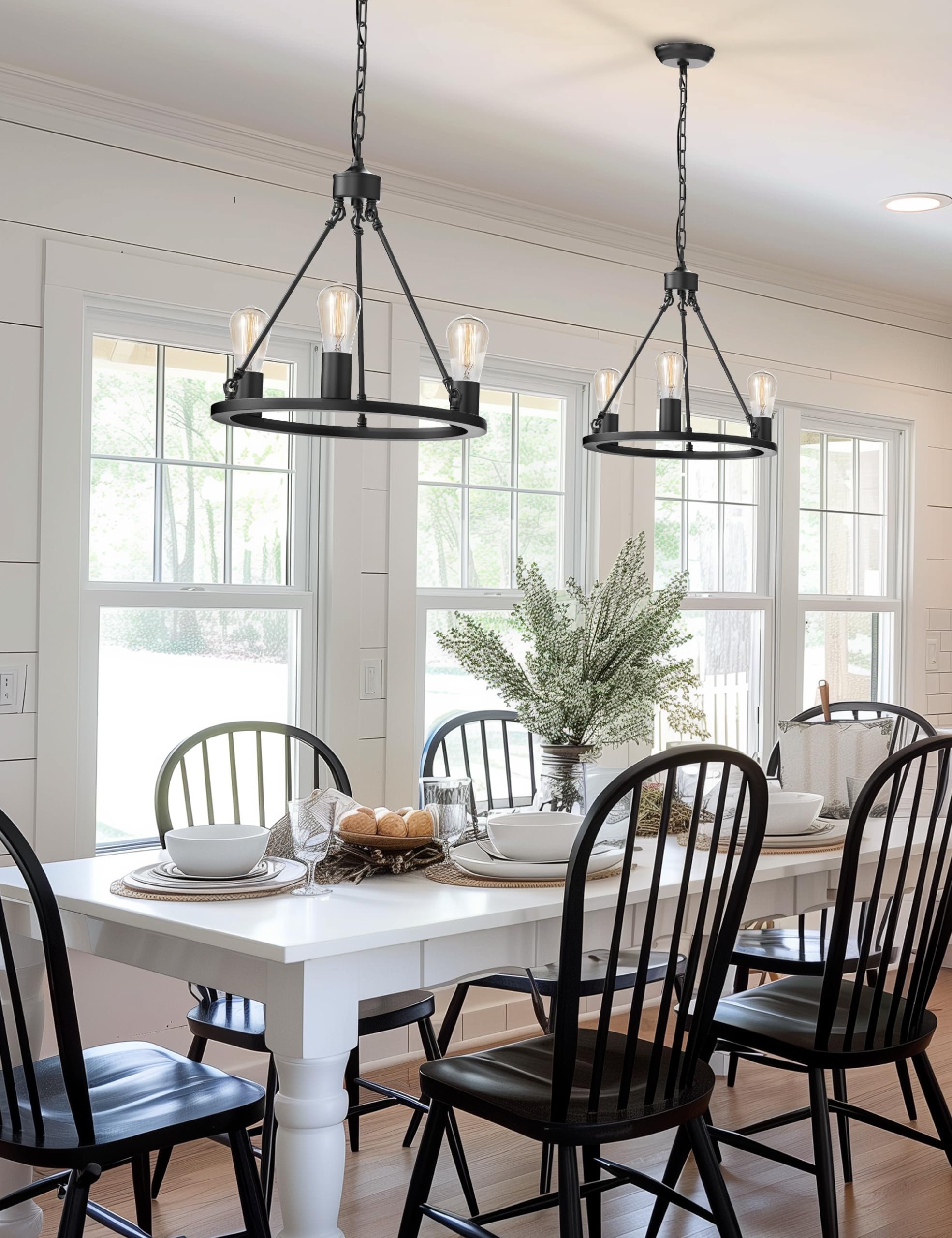 L LOHAS LED 3-Light Wagon Wheel Chandelier, 16" Adjustable Metal Fixture, Black for Dining Room & Kitchen Island