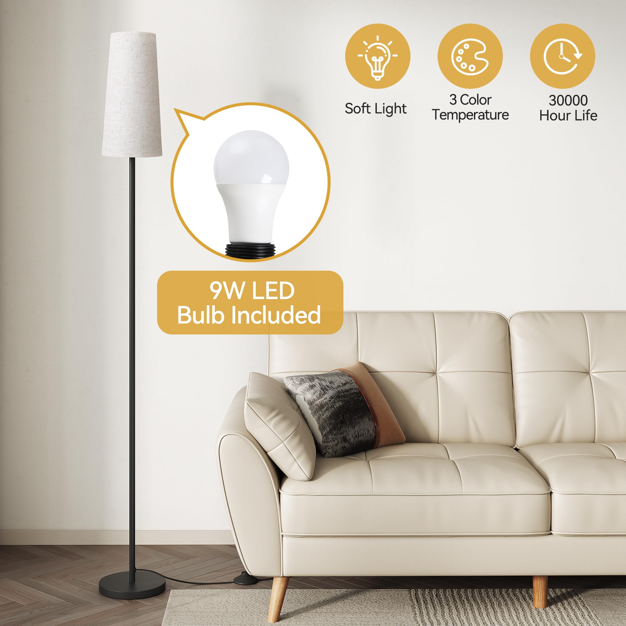 SUNMORY Floor Lamp with LED Bulb, 3 Color Temperatures, Iron, Beige Lampshade, Tall Standing Light for Living Room/Bedroom/Office