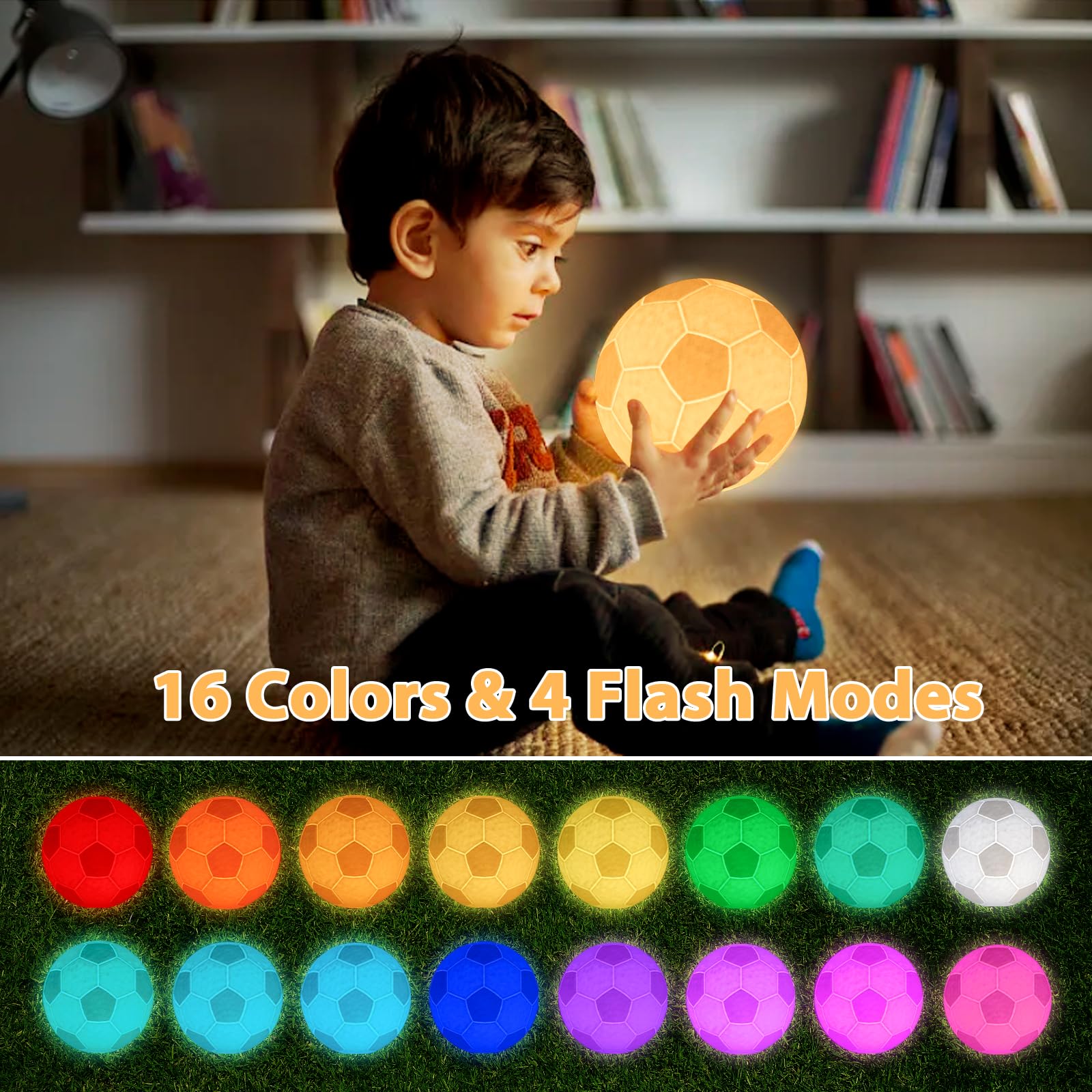Balkwan Soccer Night Light, Dimmable 16 Colors, 5.9in Plastic Moon Lamp for Kids, Model Soccer001, Multicolor Home Decor Gift