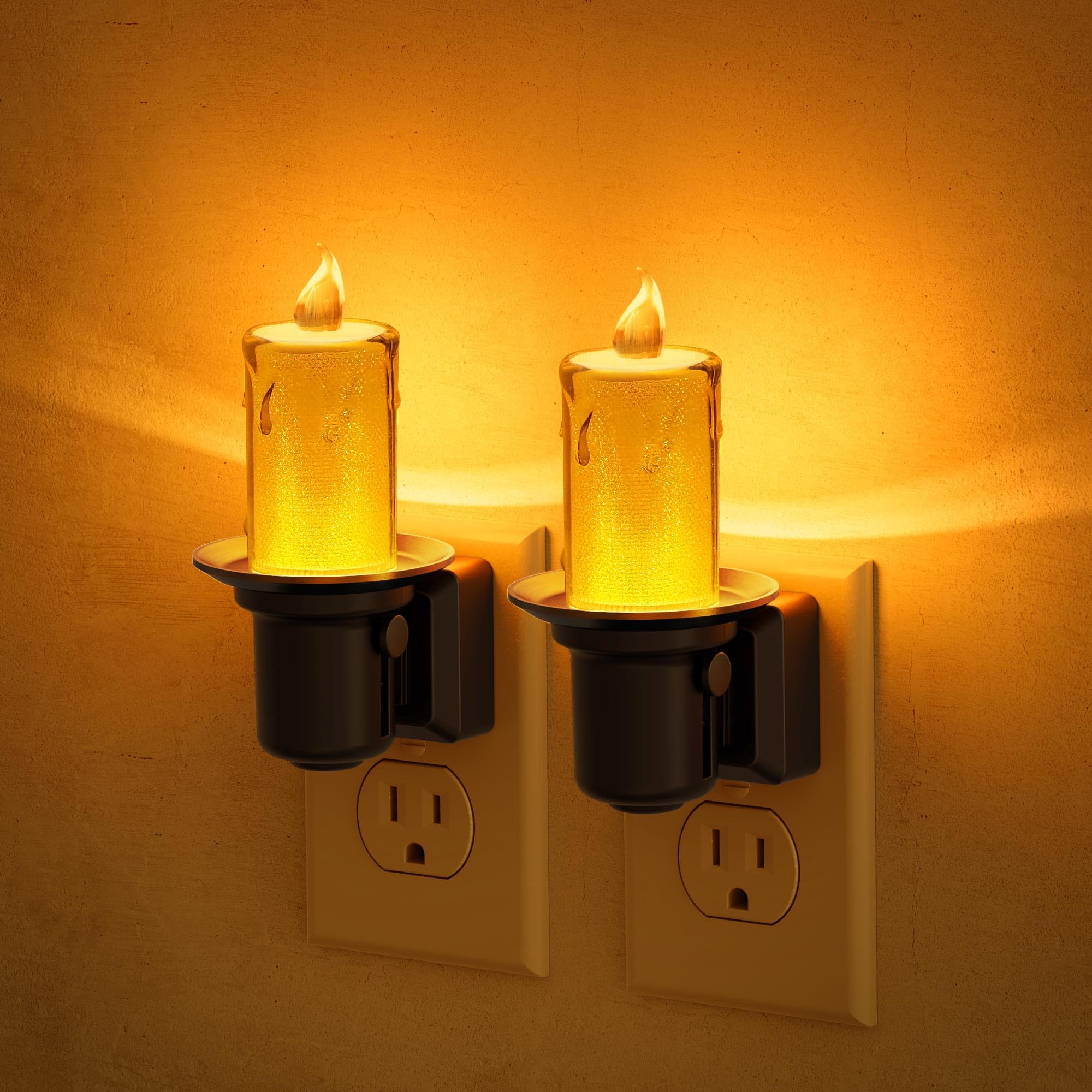 JandCase Night Lights Plug into Wall, 2 Pack Flameless Candle Night Light, 2000K Amber, Dusk to Dawn Sensor Nightlight, 0-100LM 