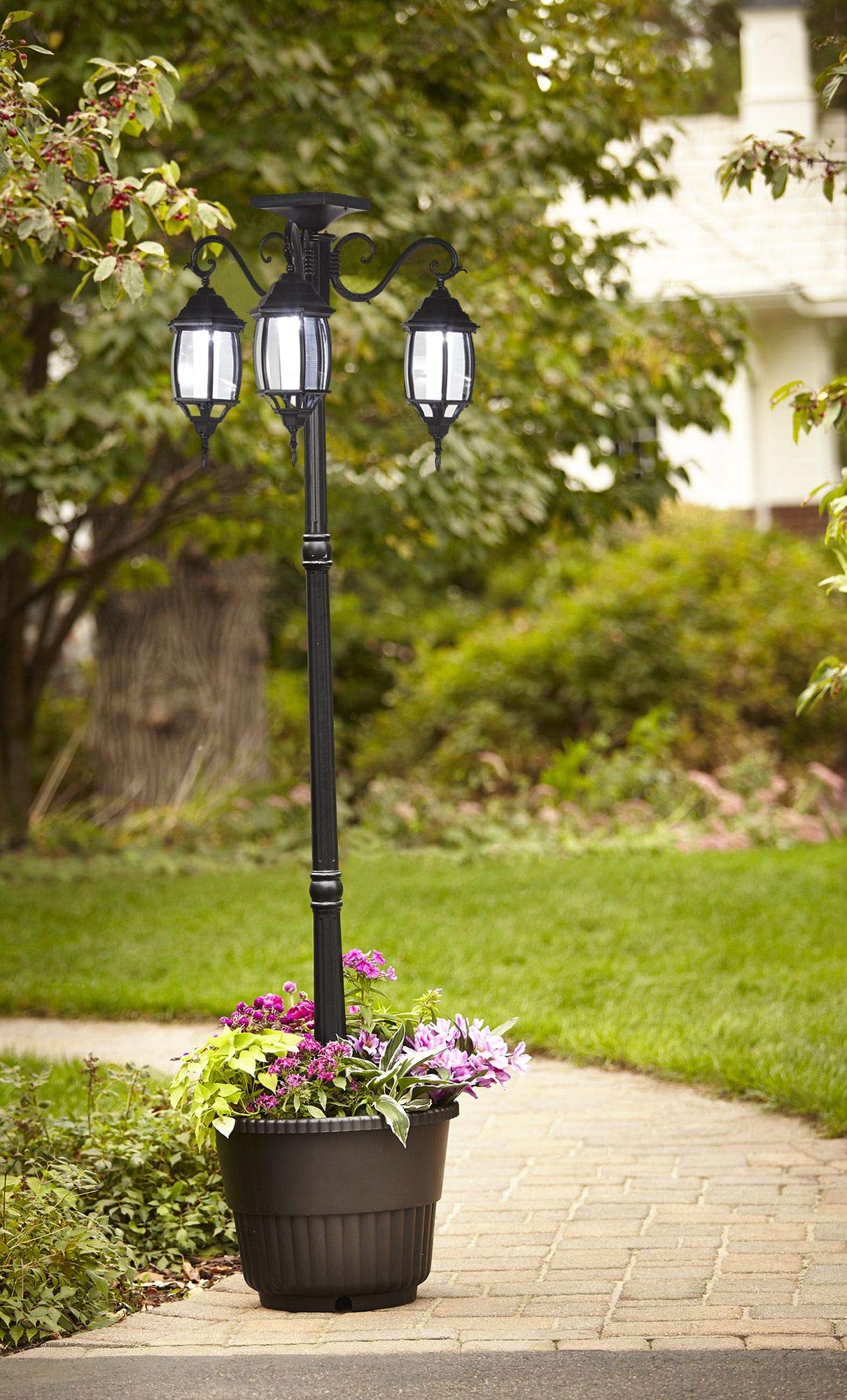 Westcharm Outdoor Round Planter with 3-Head LED Solar Lamp Post - 18in Dia., Black, Model 302002 Madison, Aluminum